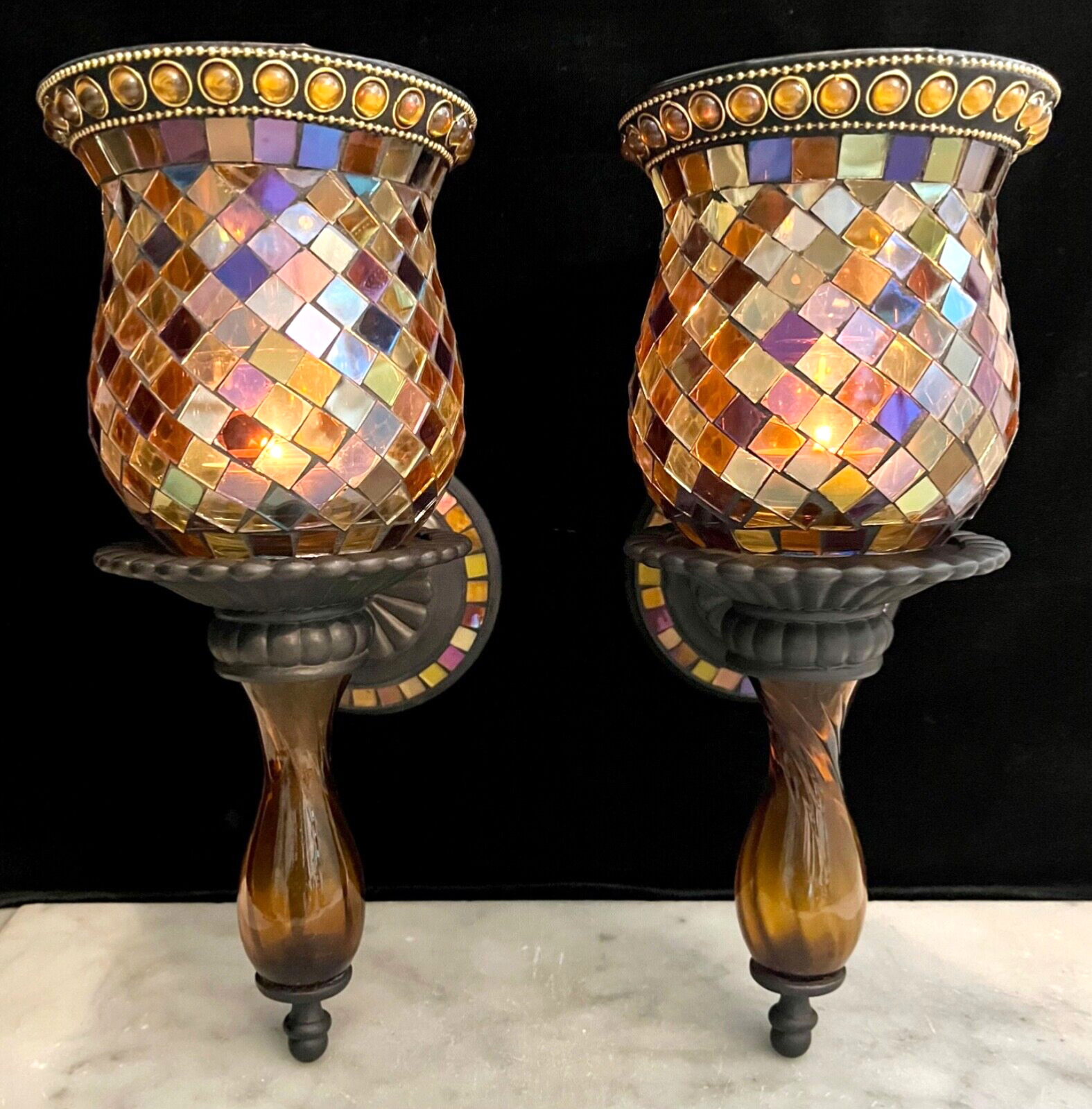 Partylite Global Fusion Mosaic Glass Wall Sconce Candle Holders Set of 2