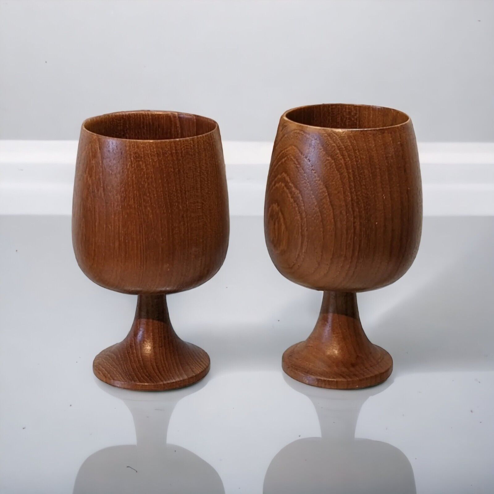 Pair of Vintage Teak  Wooden Goblets Wine Glasses MCM