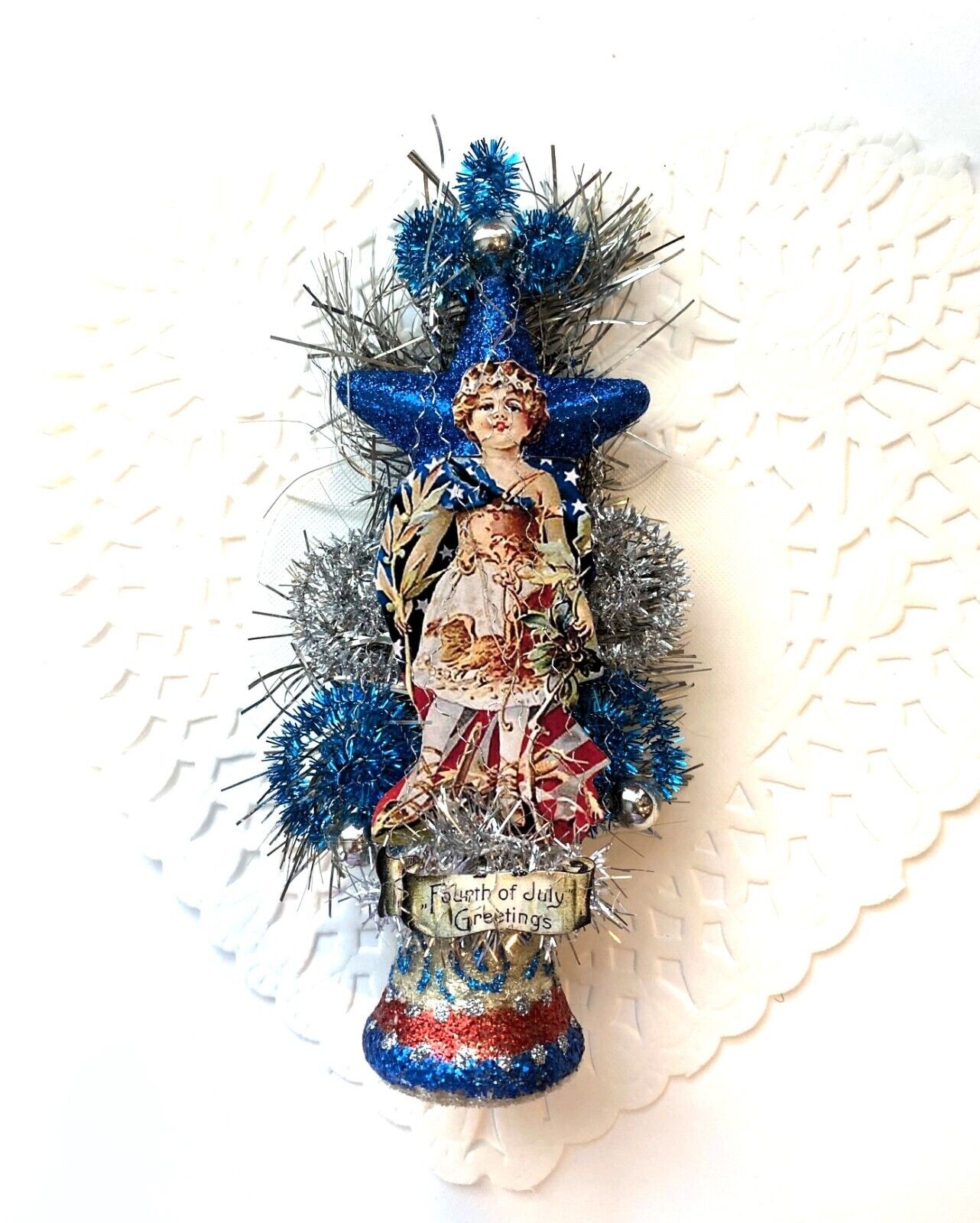 Vintage Glass Bell July 4th Patriotic Ornament Girl Antique Victorian