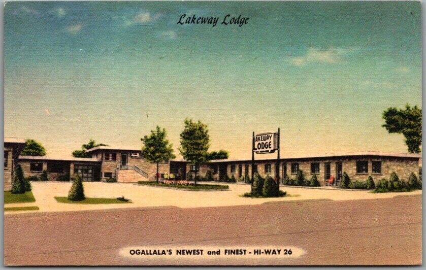 Ogallala, Nebraska Postcard LAKEWAY LODGE Highway 26 Roadside Linen c1950s