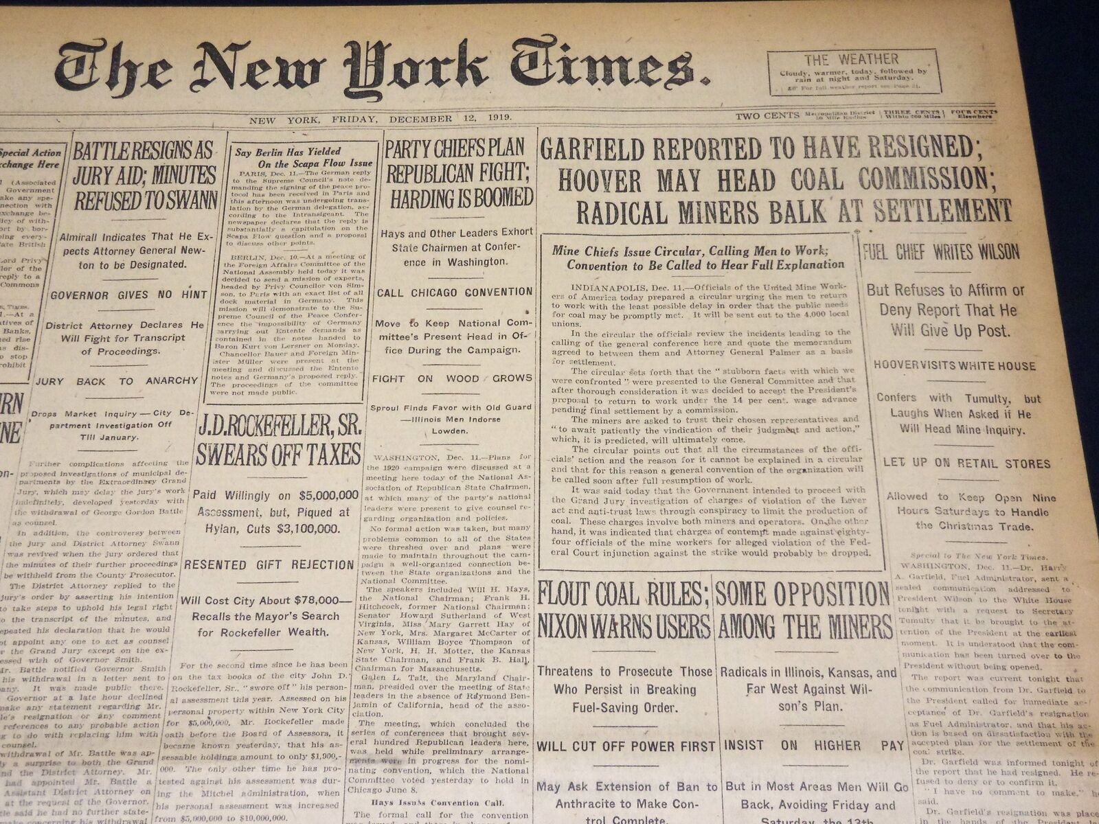 1919 DECEMBER 12 NEW YORK TIMES - HOOVER MAY HEAD COAL COMMISSION - NT 7953