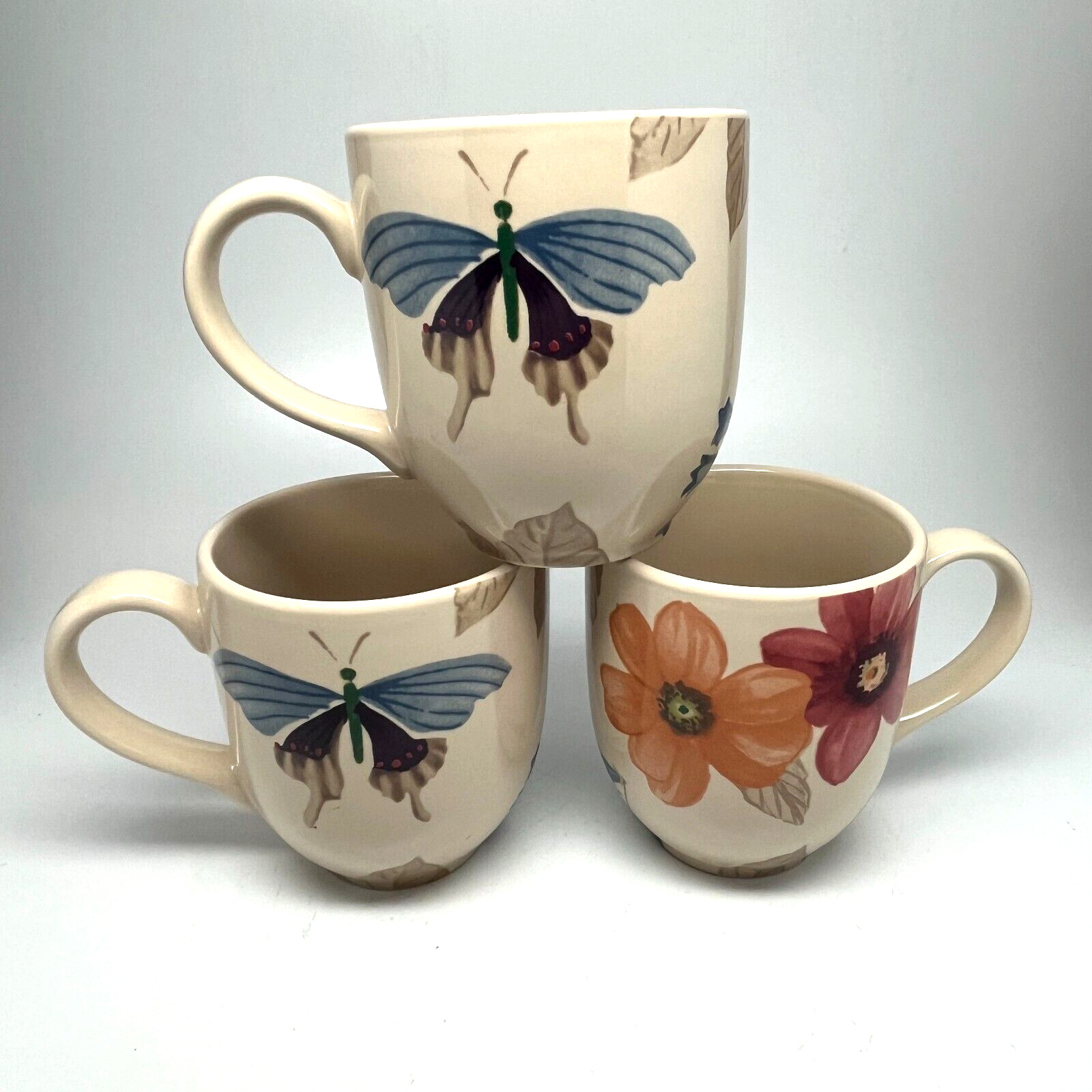 Longaberger Botanical Fields Flower &Butterfly Mugs Set Of 3 Excellent Condition