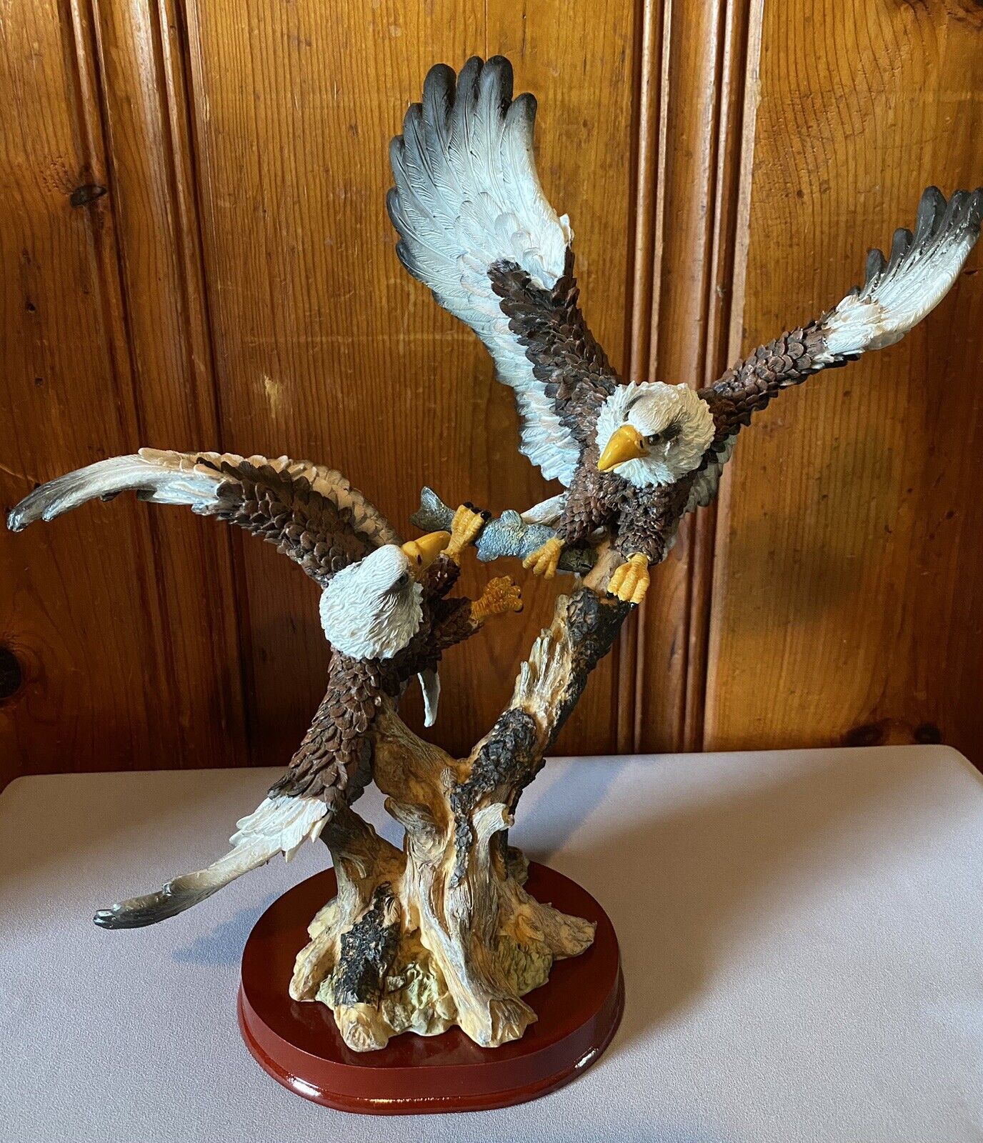 12” Double Eagle Fighting Over Fish Ceramic Figurine On Wooden Base