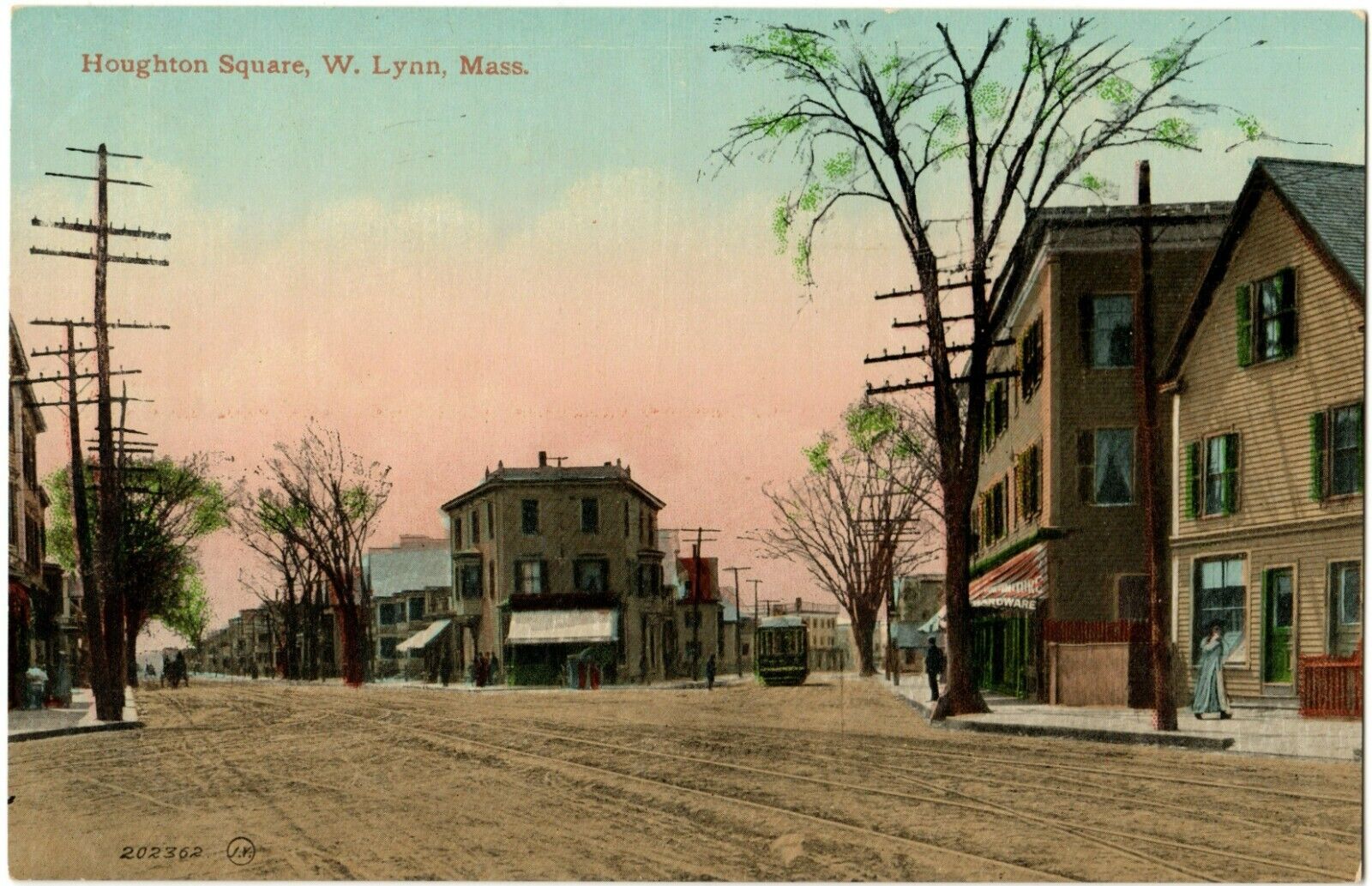 WEST LYNN, MA Houghton Square Street View Trolley Massachusetts Postcard ca 1910