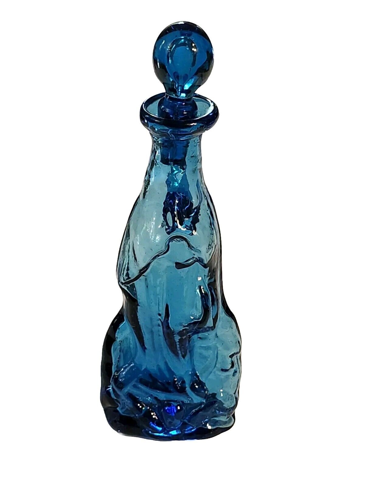 Vintage Blue Hand Blown Glass Bottle Virgin Mary