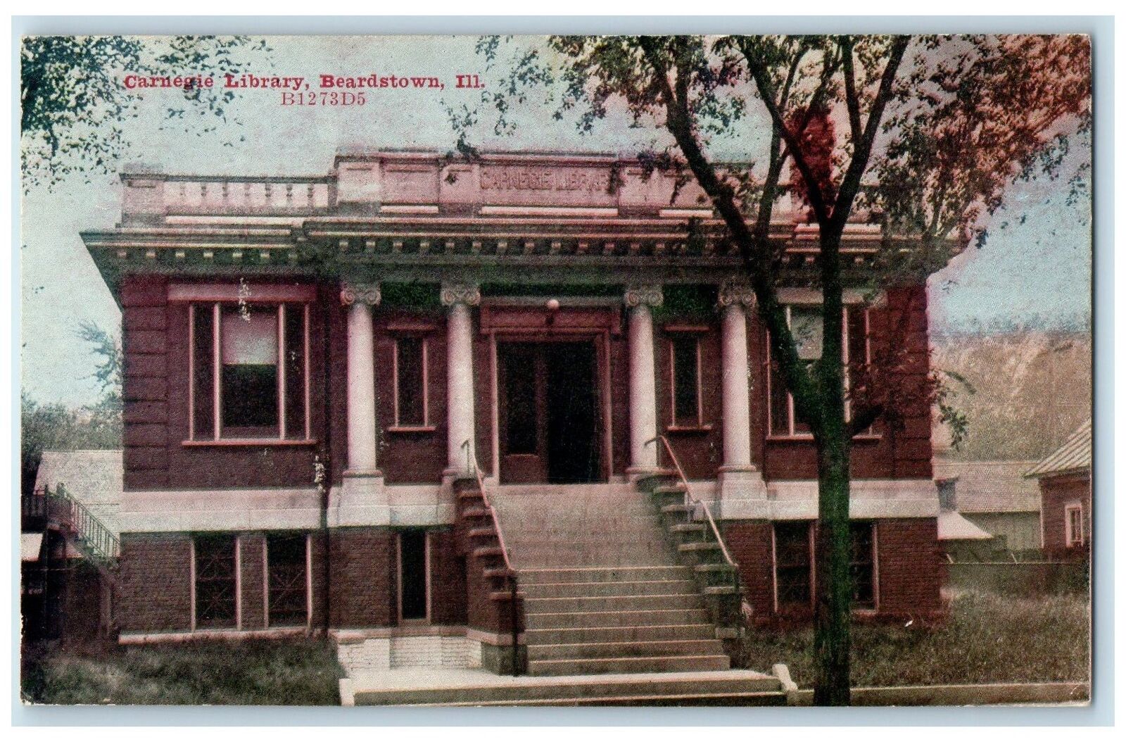 c1910's Carnegie Library Building Stairs Entrance Beardstown Illinois Postcard