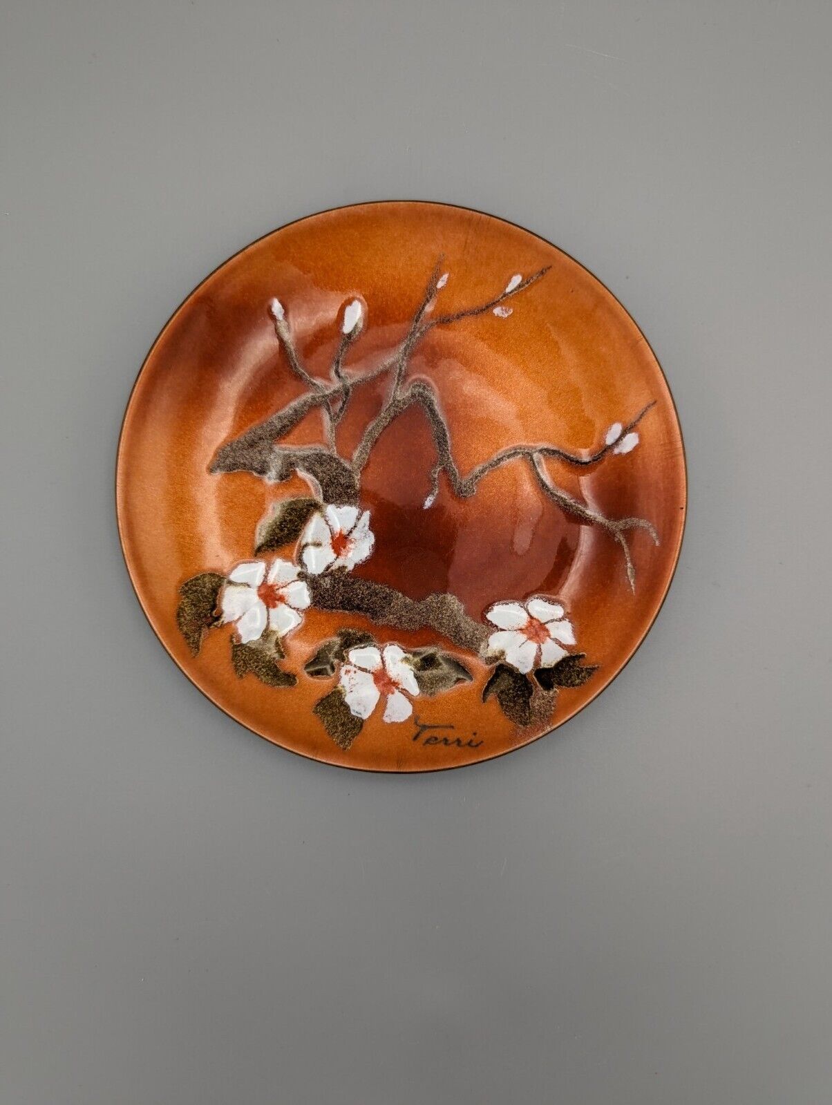 ✨ Bovano of Cheshire Enamel Copper Plate Small Dish Signed Terri Cherry Blossom