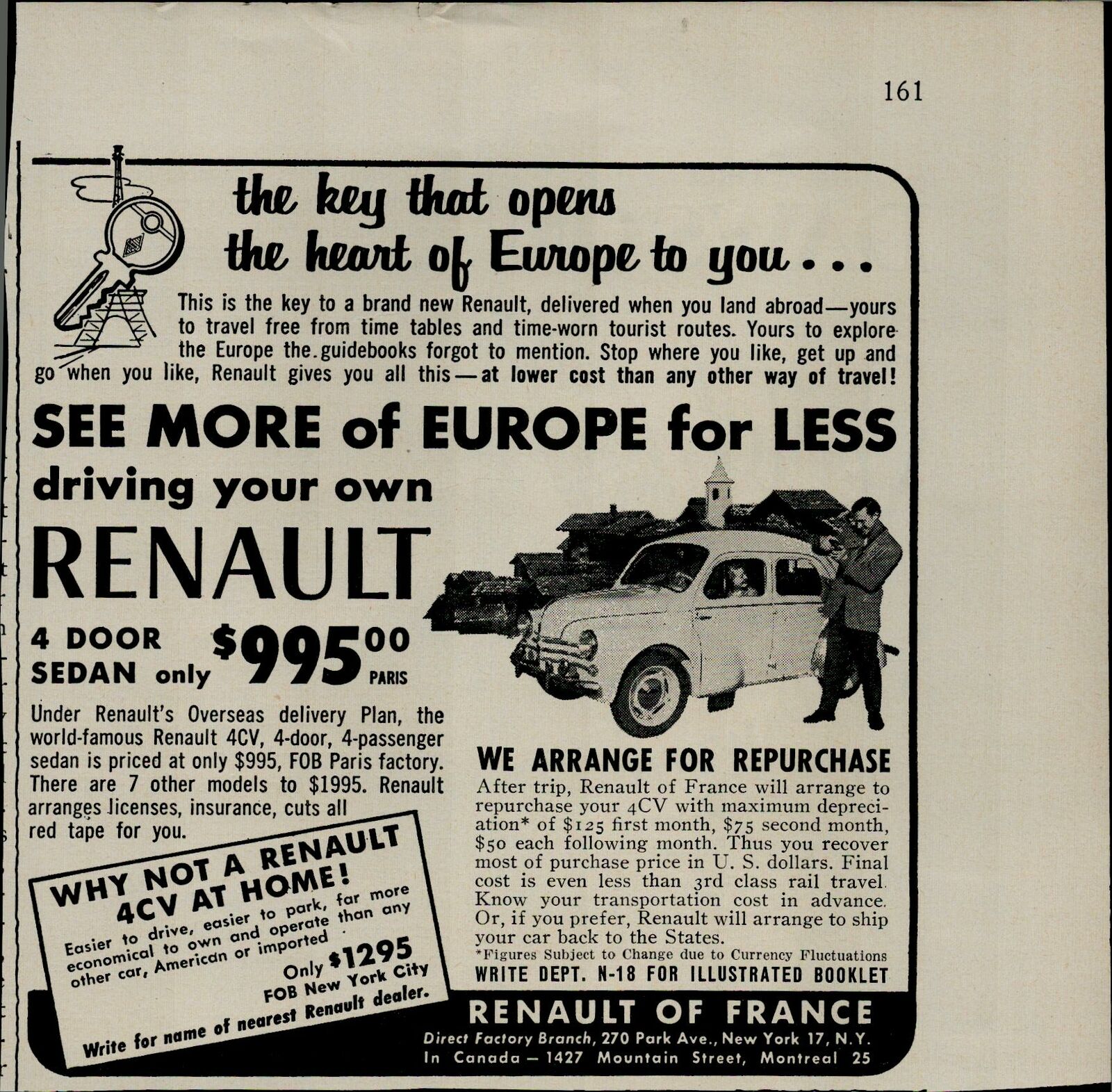 1956 Renault French Car $995.00 Vintage Print Ad 2711
