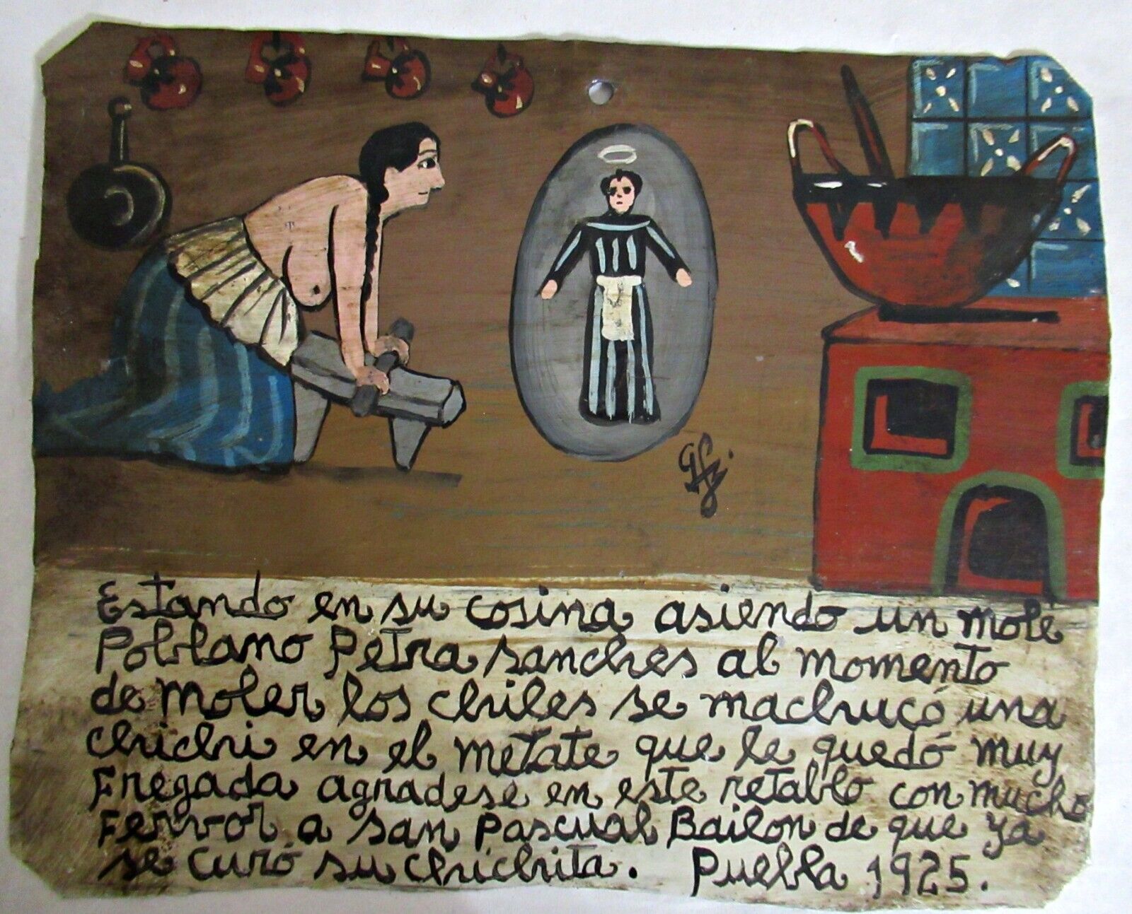 VTG 1925 HP MEXICAN TIN RETABLO S. PASCUAL BAILON HEAL WOMAN INJURED MAKING MOLE