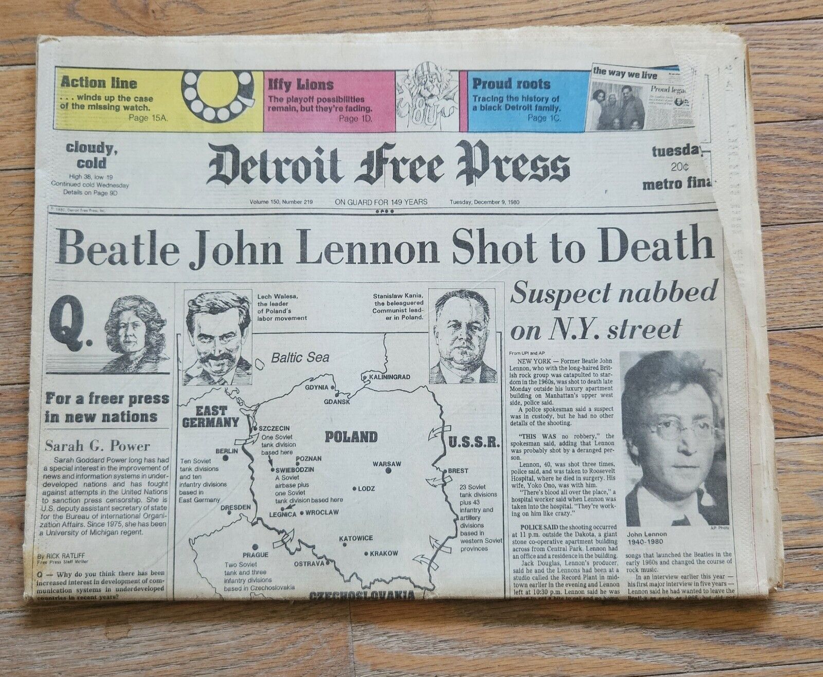 DETROIT FREE PRESS december 9 1980 THE BEATLES JOHN LENNON shot to death
