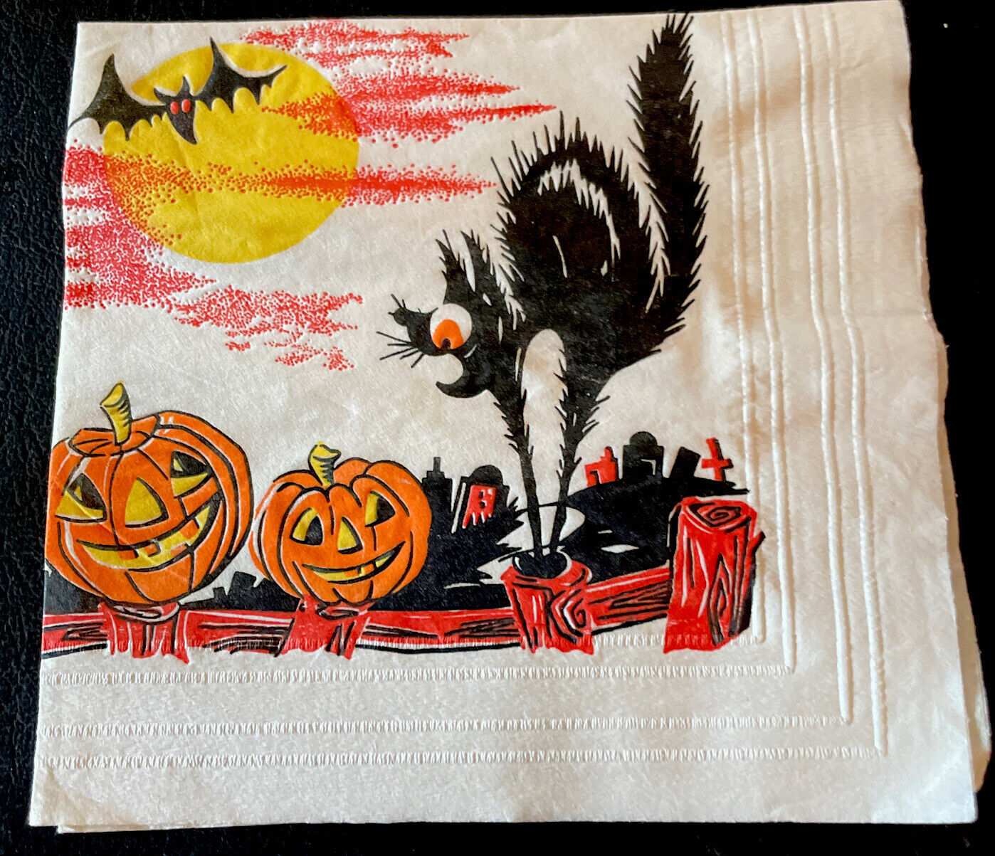 1 Rare Vintage Halloween Crepe Paper Napkin Black Cat Pumpkins Bat Paper Art NOS