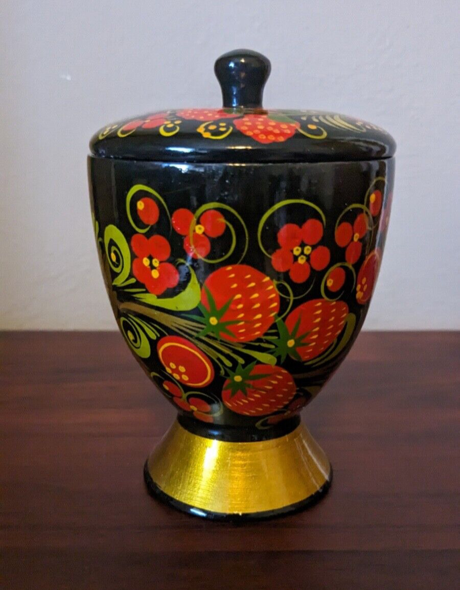 Russian USSR Khokhloma Jar w/ Lid Hand Painted Lacquer Wood Strawberries