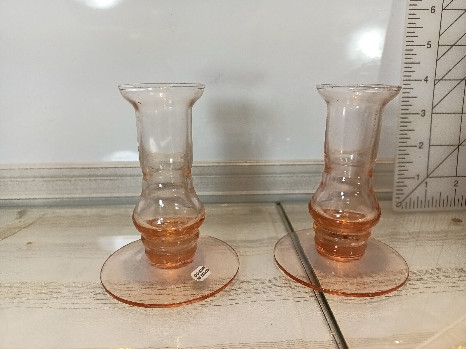 Vitnage Pair of Hand Blown Peach Glass Taper Candlesticks Candle Holders