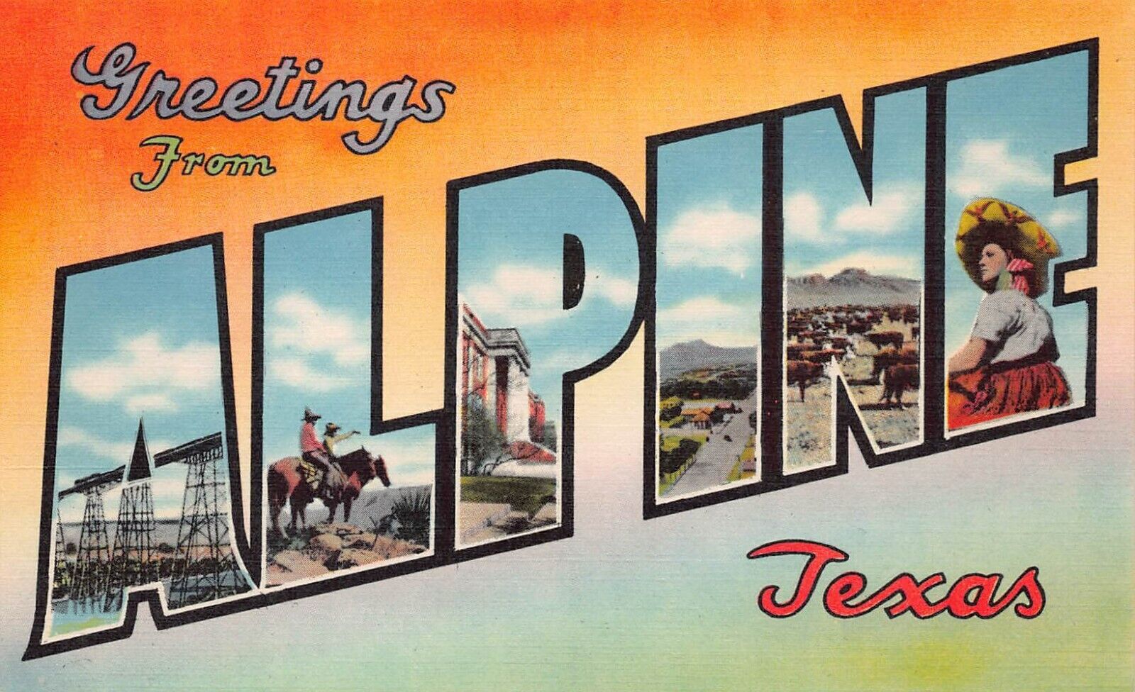 Alpine TX Texas Large Letter Linen US Hwy 90 Cowboy Cattle UNP Vtg Postcard O9
