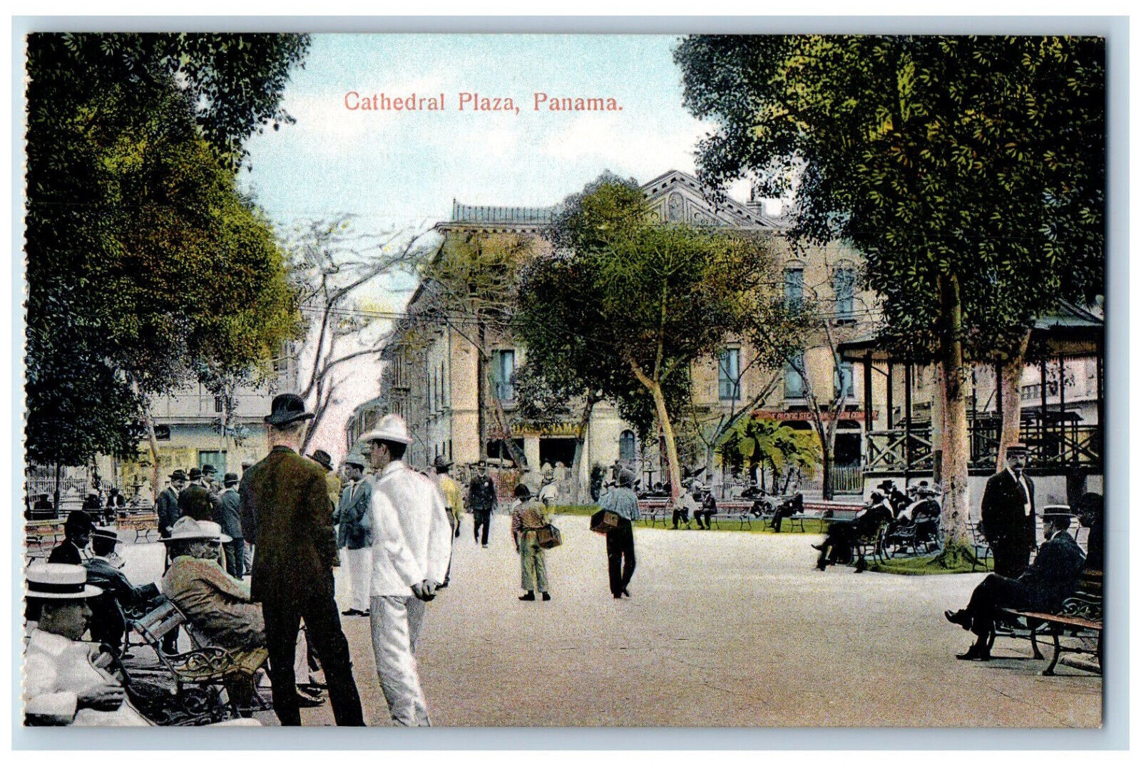 Panama Postcard Crowd Scene at Cathedral Plaza c1910 Antique Unposted