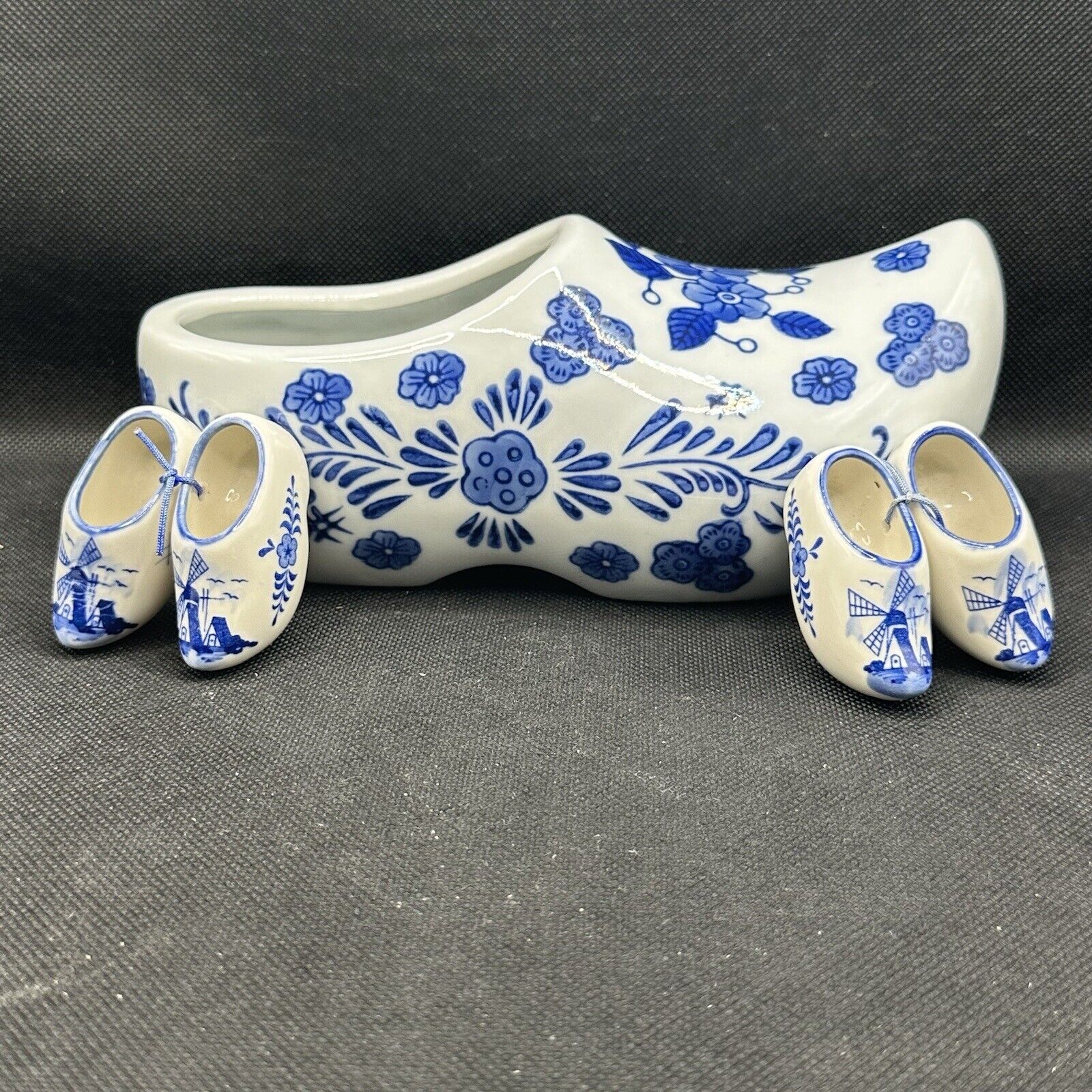Vintage Ceramic Dutch Clog Shoe with 2 Baby Sets Clog H.Painted Blue and White