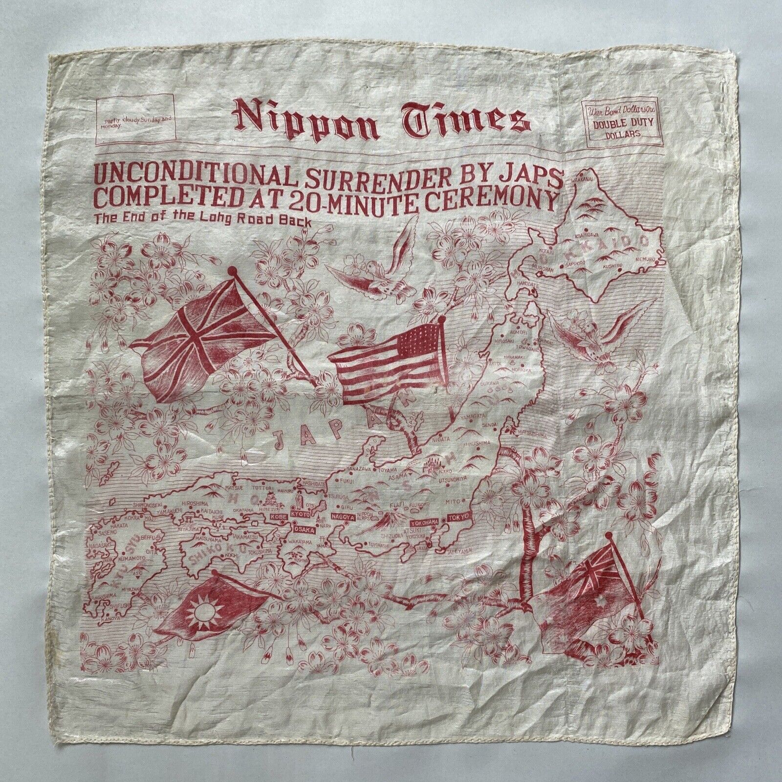 1945 Surrender Of Japan Silk Map Handkerchief Souvenir - Nippon Times 17x17