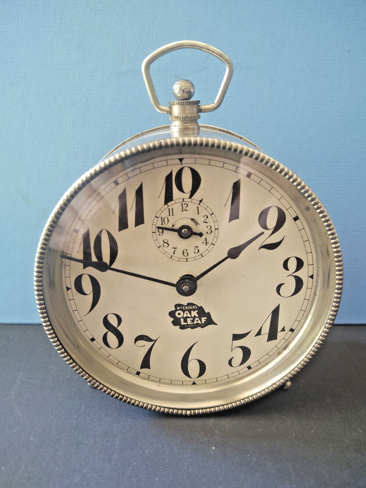 Antique Wm. Enders Oak Leaf Advertising Peg-Leg “Tin-Can” Alarm Clock, Runs Well