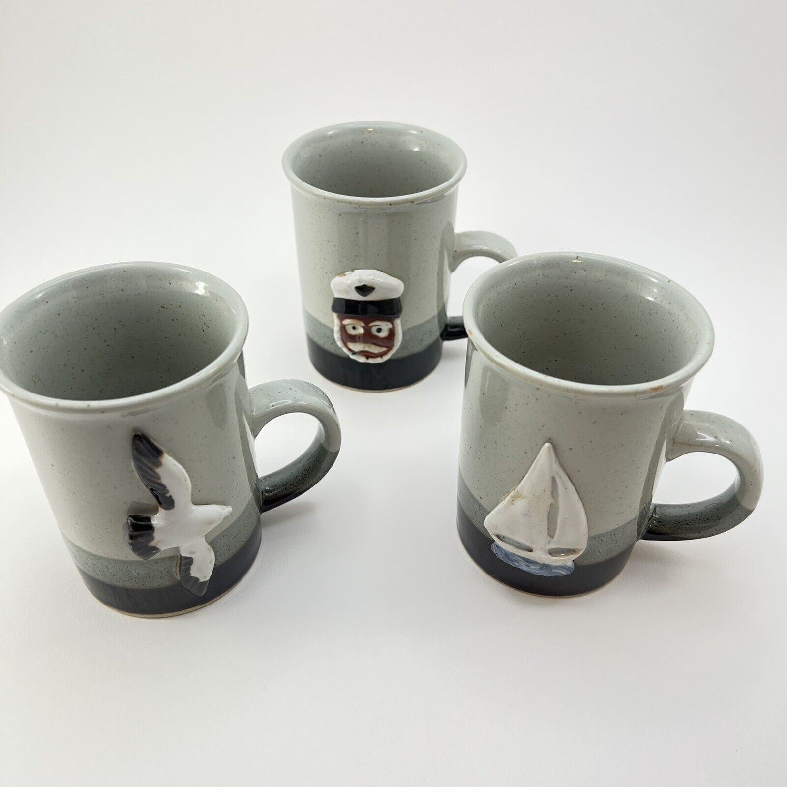 3-Mugs SailBoat Captain Seagull Dipped  Raised Pottery Art Coffee