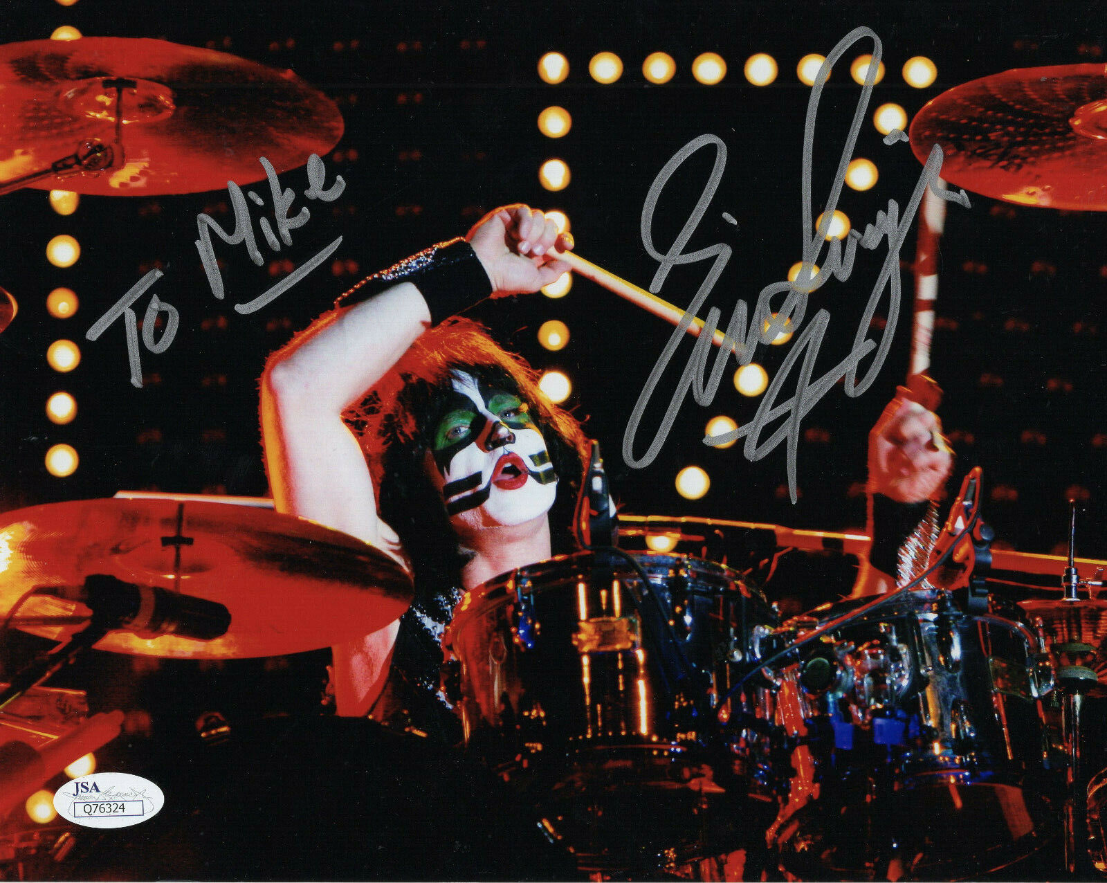 ERIC SINGER HAND SIGNED 8x10 COLOR PHOTO       KISS DRUMMER      TO MIKE     JSA