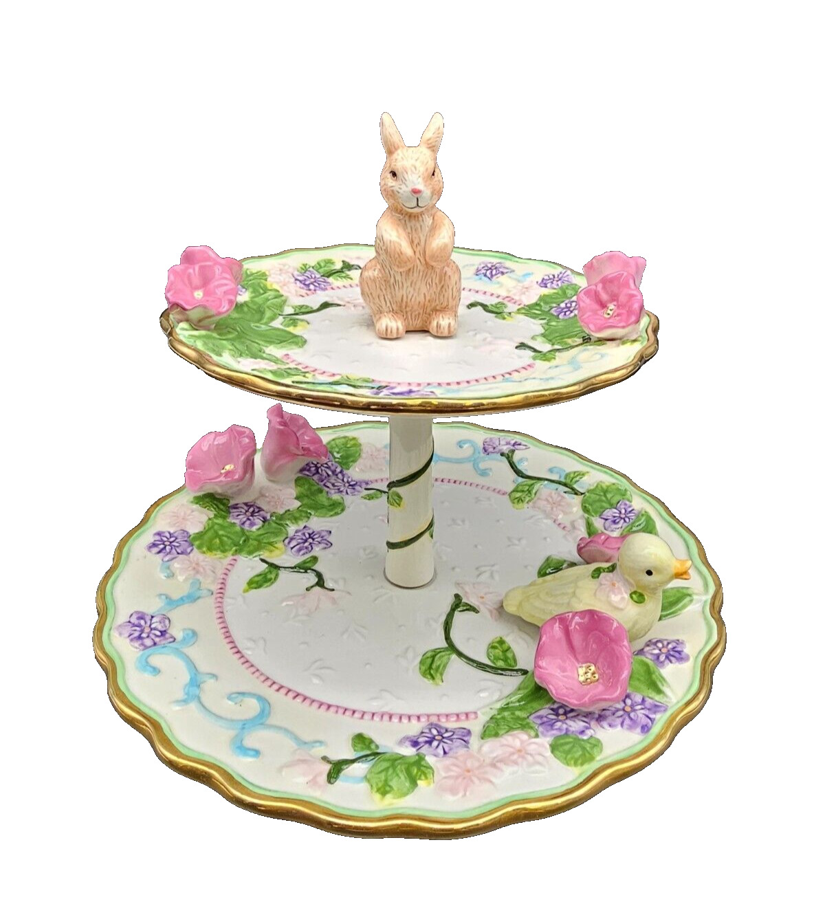 Vintage Avon Springtime 2 Tier Serving Tray Floral Bunny Duckling Ceramic