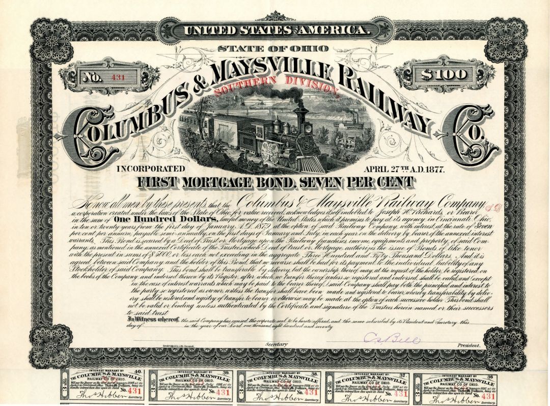 Columbus and Maysville Railway Co. - Southern Division - Unissued 1877 $100 7% R