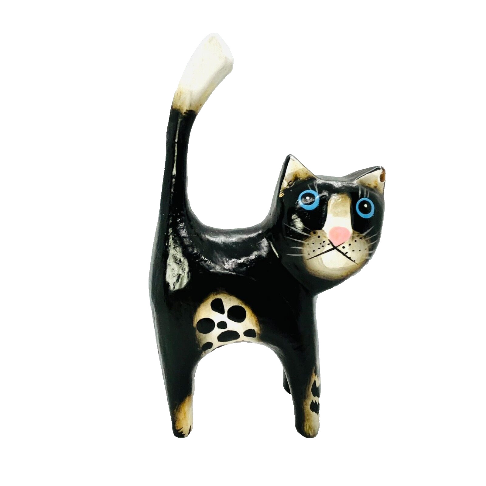 Bali Handmade Wooden Carved Cat Black, white tip of tail Indonesia 4in