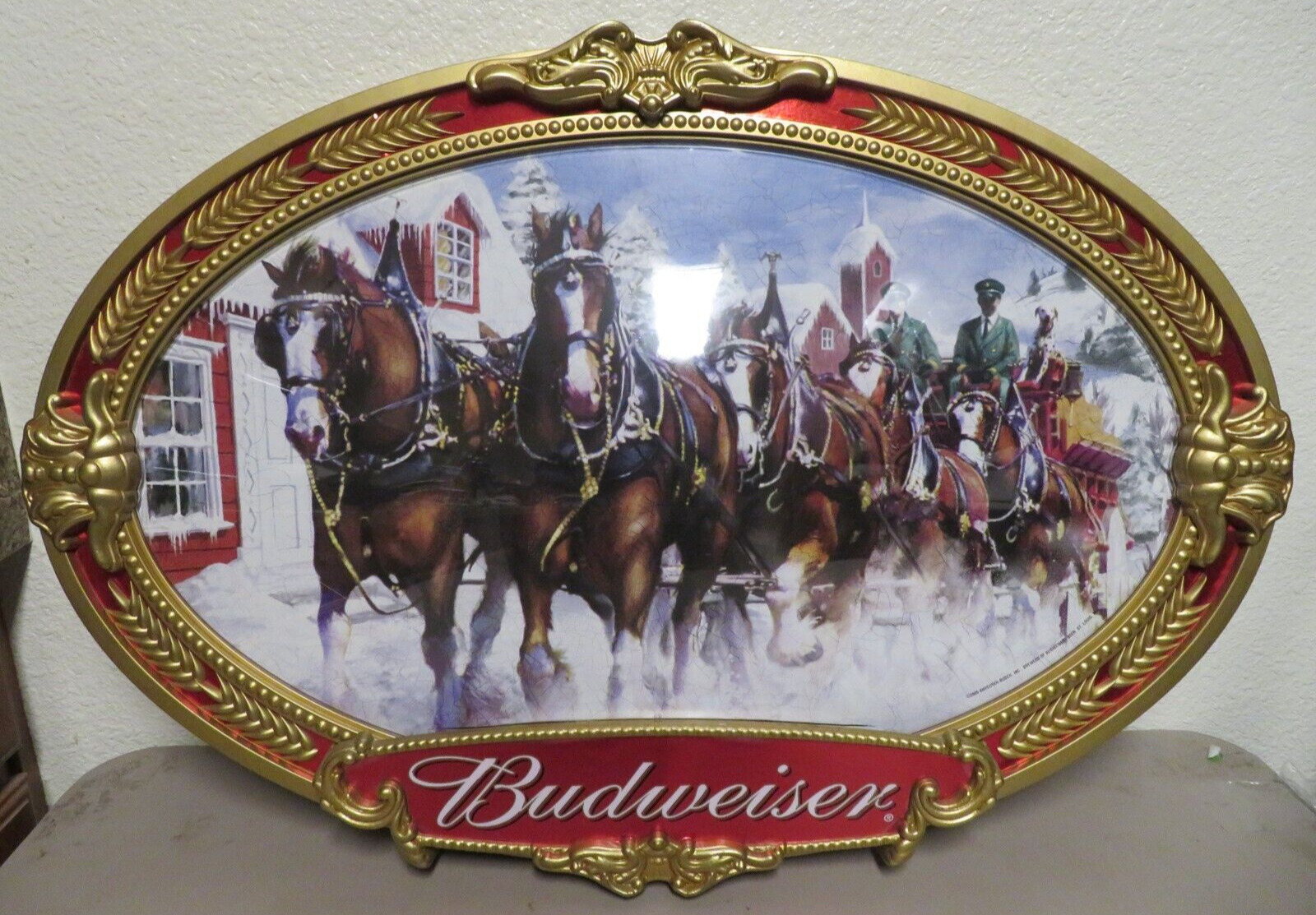 Anheuser-Busch 2000 Budweiser Winter Large Clydesdale Horses Oval Sign