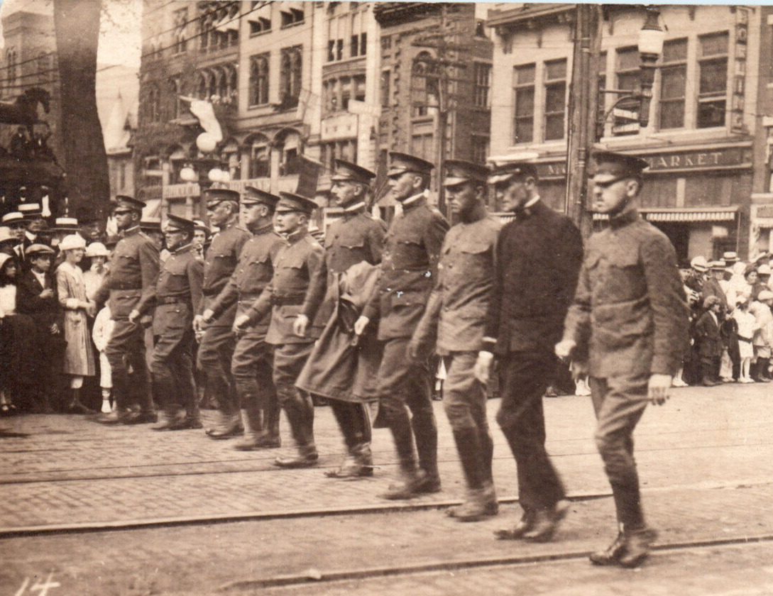 World War I Soldiers Sailors Marching City Street View Real Photo Postcard