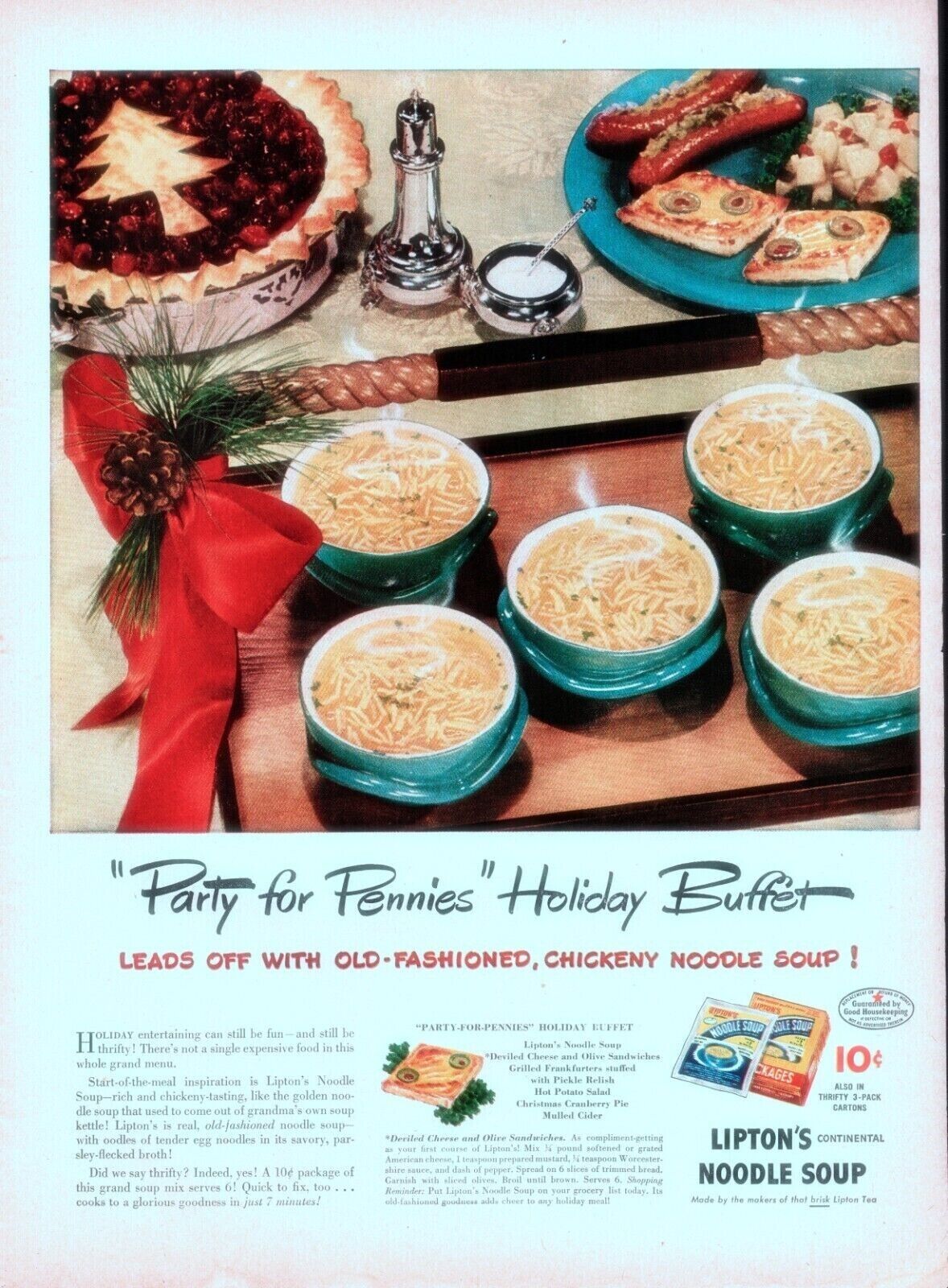 1945 Lipton\'s Noodle Soup Vintage Print Ad Party For Pennies Holiday Buffet