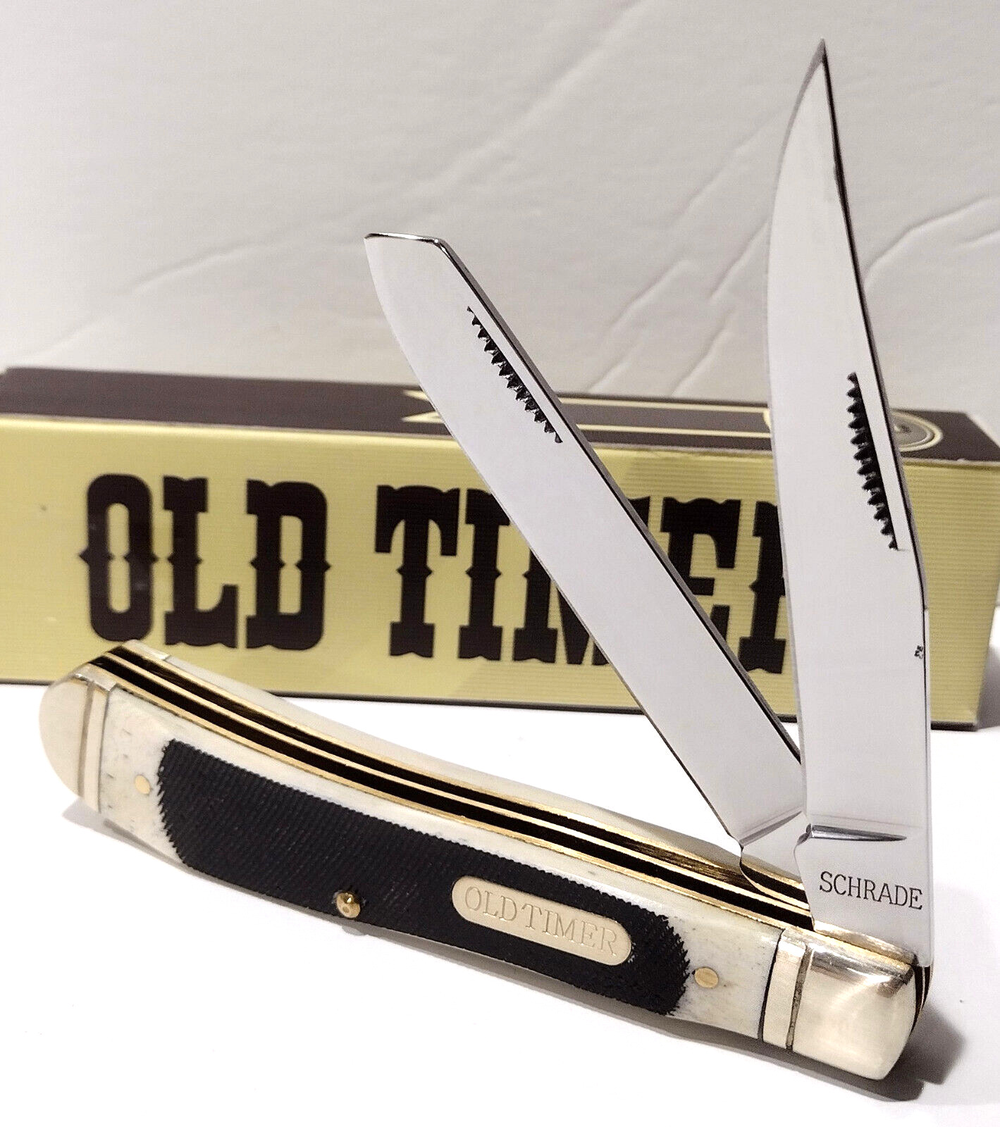 Schrade Old Timer Saw Cut Bone 2 Blade Gunstock Trapper Folding Pocket Knife