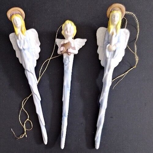 Vintage ICICLE ANGEL Christmas Ornaments Hand Painted Porcelain Bisque Lot Of 3