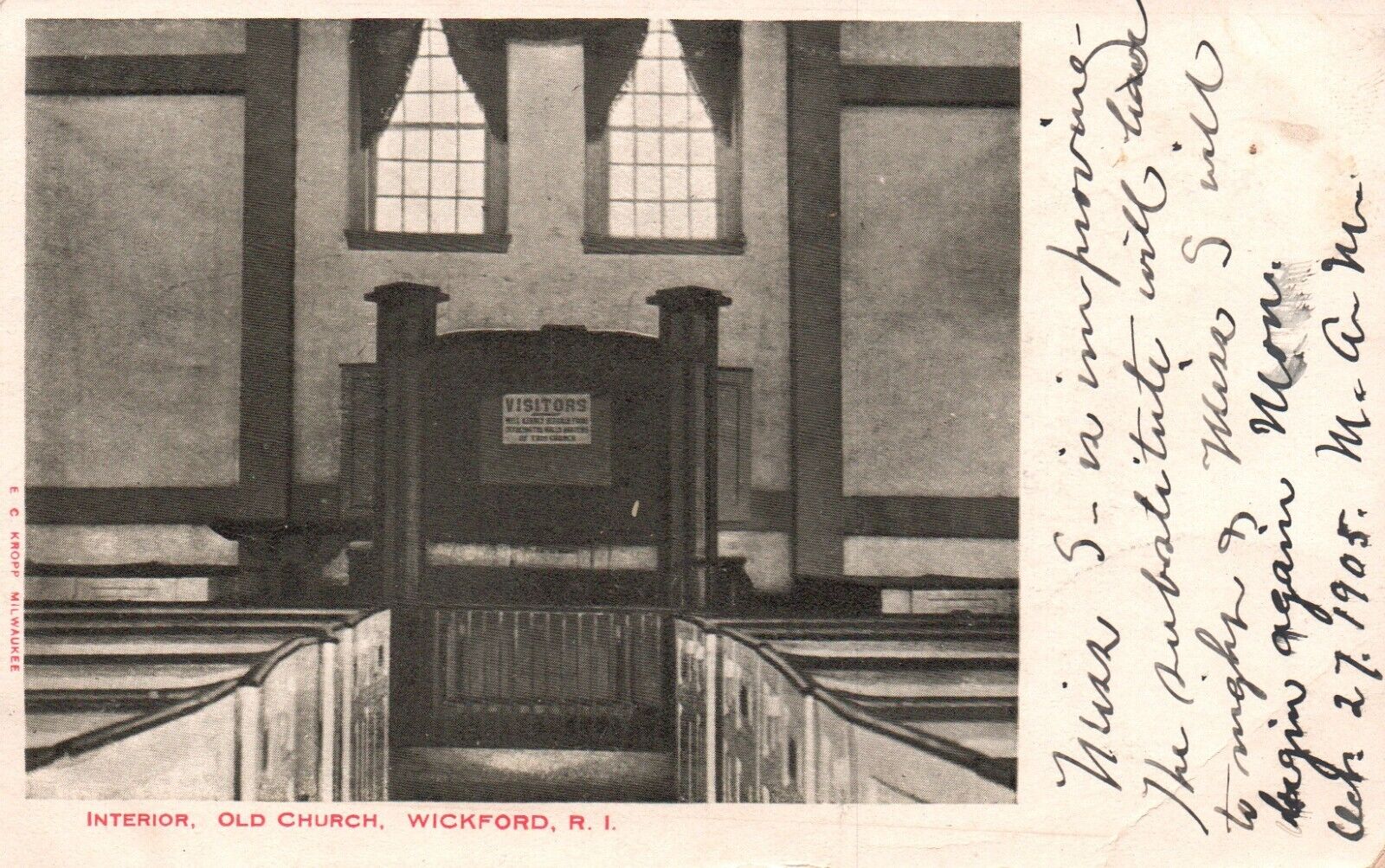 Postcard RI Wickford Rhode Island Old Church Interior 1905 UDB Vintage PC G2757