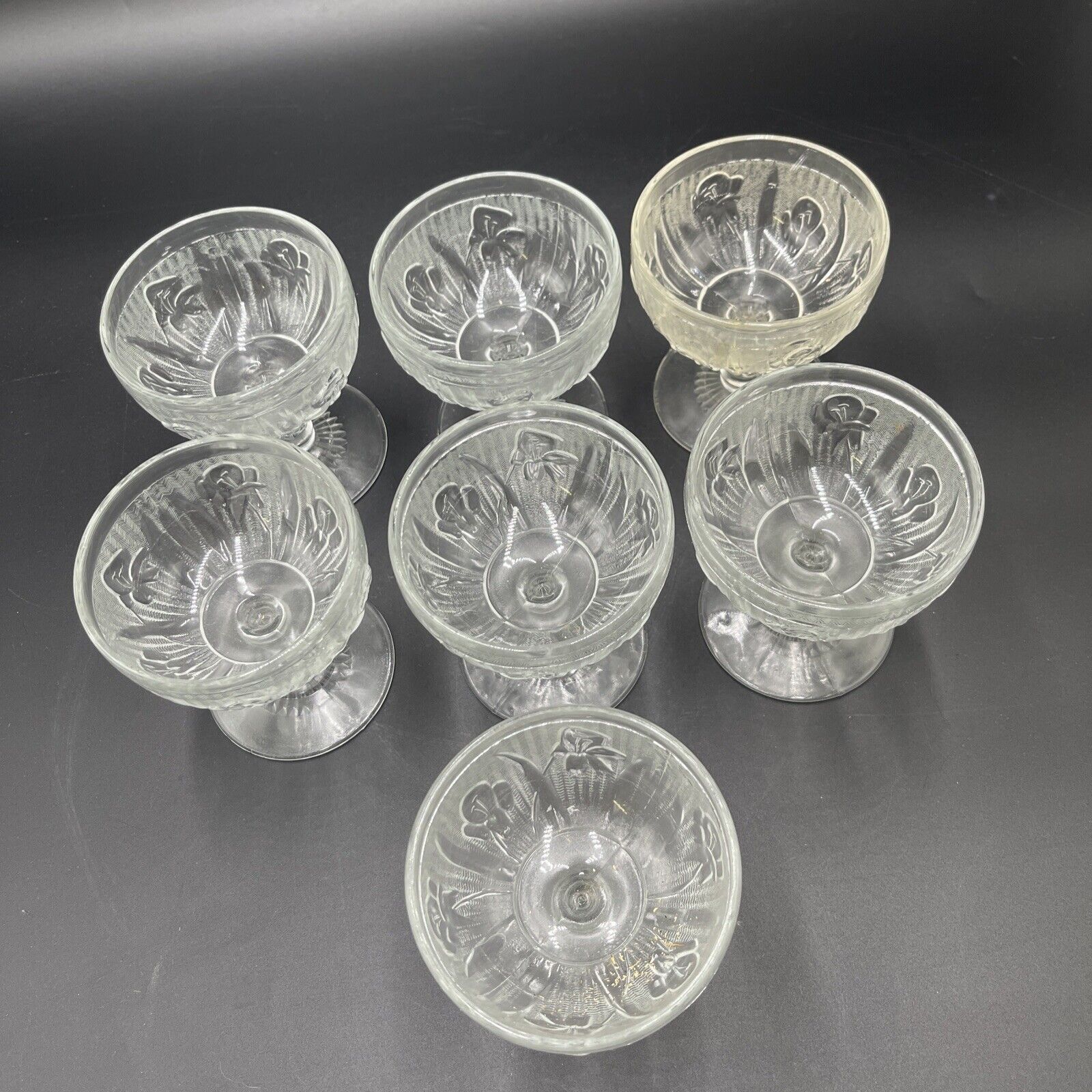 Jeannette Glass Iris and Herringbone Design Clear Set 7 Footed Champagne Parfait