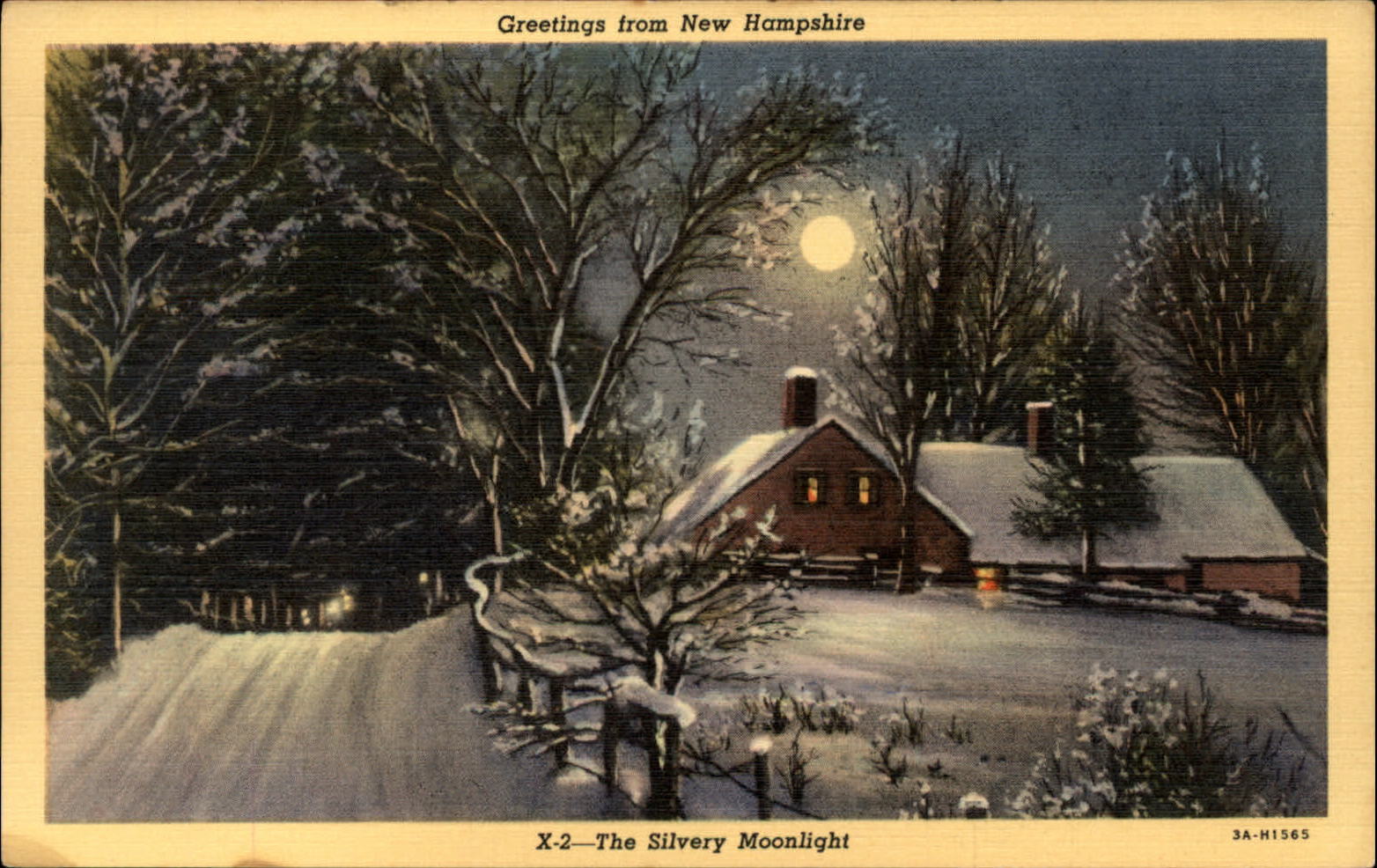 Silvery Moonlight snow Greetings from New Hampshire ~ postcard sku481