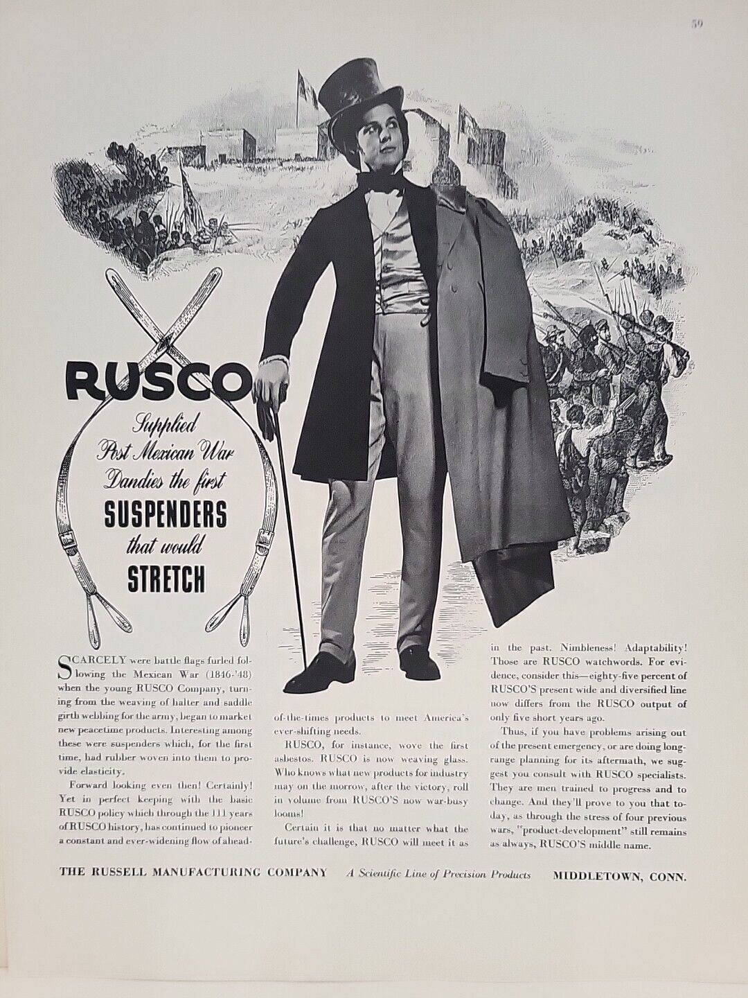 1942 Russell manufacturing RUSCO Fortune WW2 Print Ad Q2 Suspenders Army Mexican