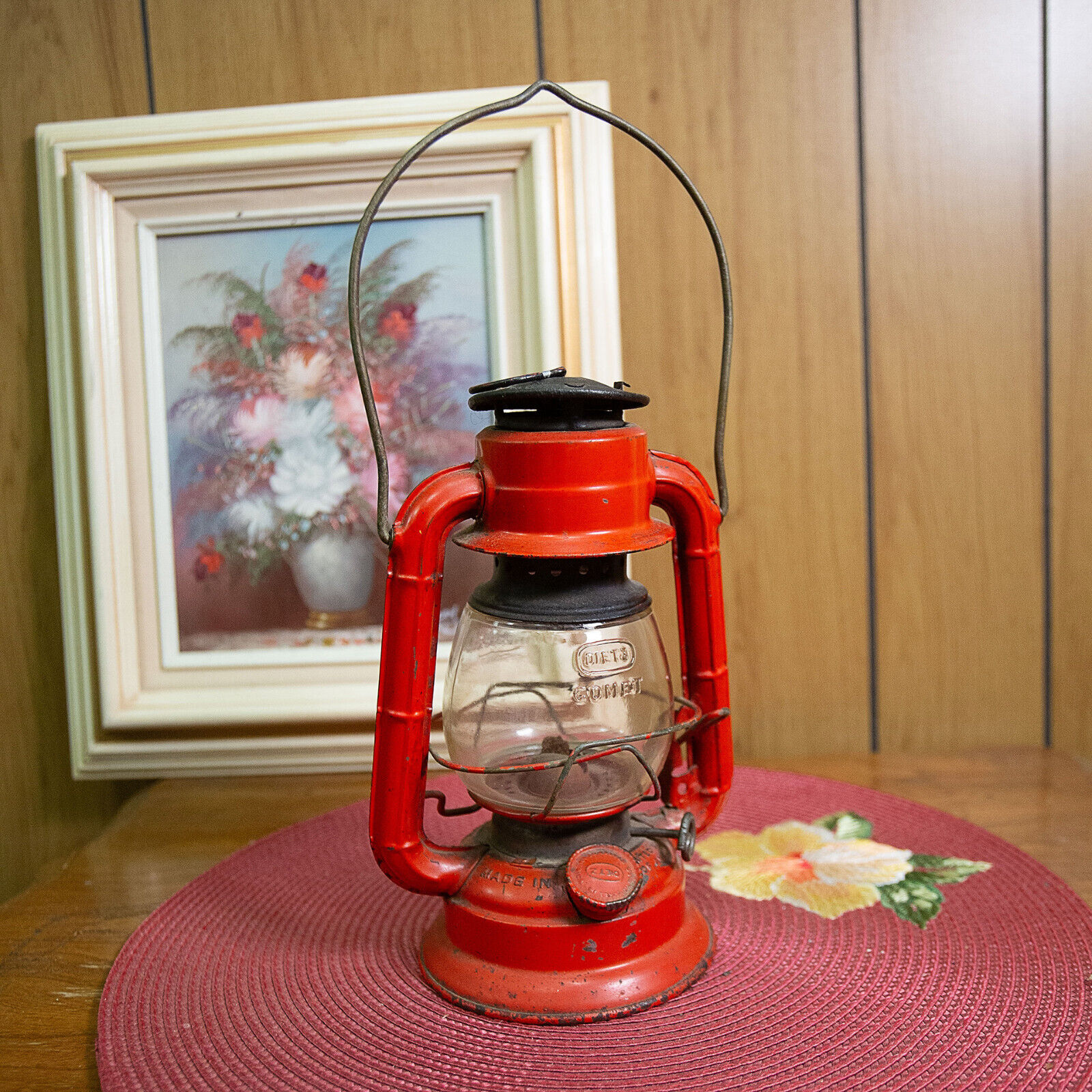 Vtg Dietz Comet Lantern Red with Clear Globe USA Compact 8.5