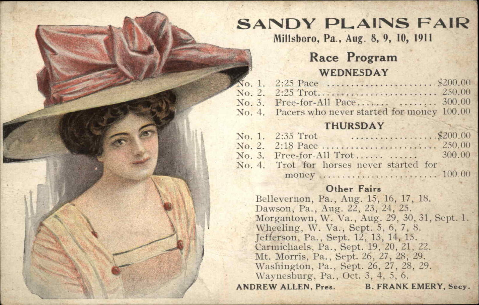 Millsboro Pennsylvania PA Sandy Plains Fair Beautiful Woman Ad c1910 Postcard