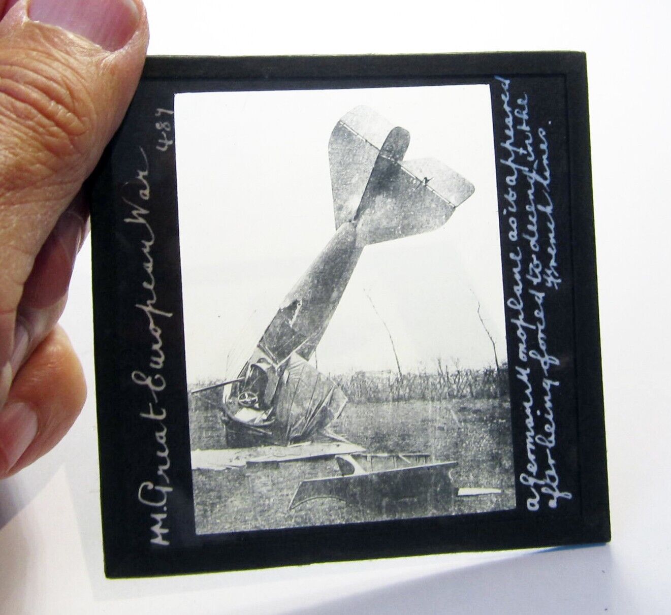 WW1 crashed German plane antique photo history magic lantern slide #7492