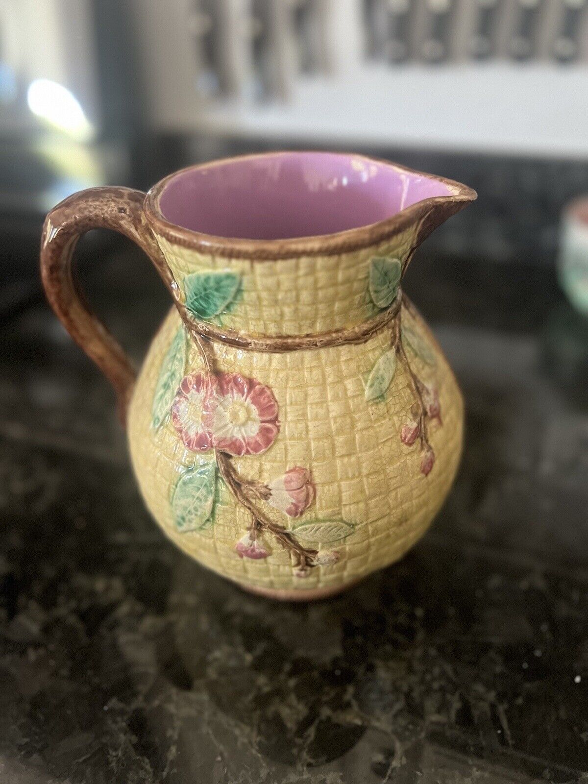 Antique Majolica Pitcher With Basket Weave With Flowers