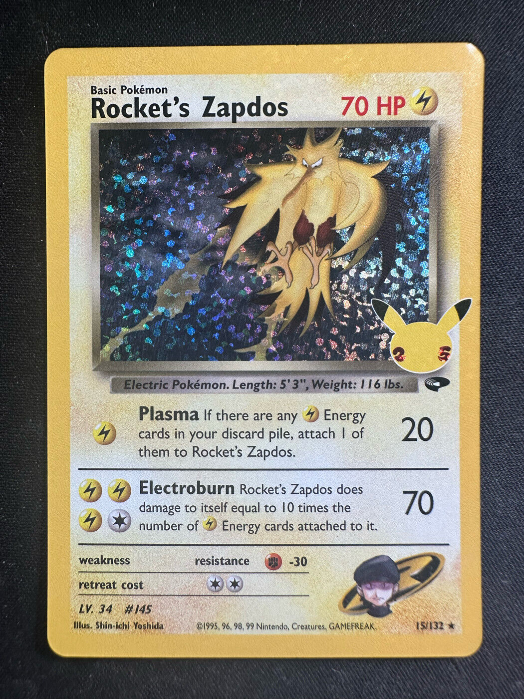 Pokemon TCG 15/132 Rocket\'s Zapdos Celebrations Holo NM