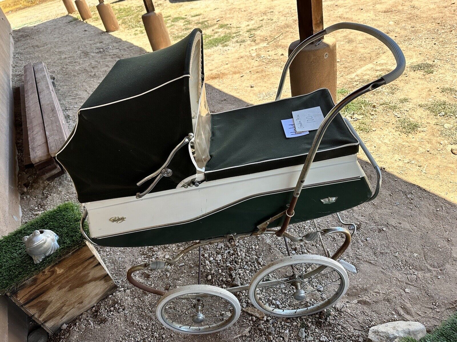 vintage antique baby pram carriage green Brand Grendron 1950's