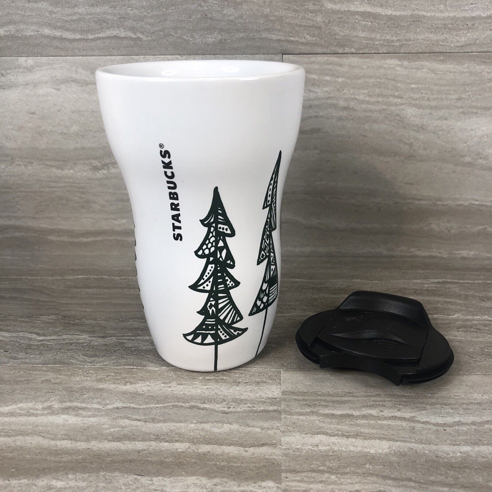 Starbucks Travel Mug 2015 9 oz. Ceramic White with Green Trees Black Lid EUC