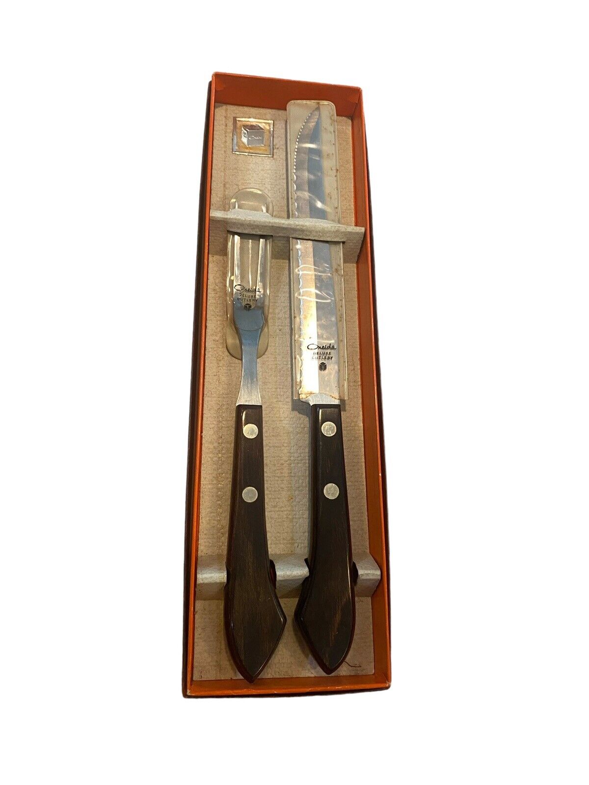 Vintage Oneida Deluxe Cutlery Carving Set Knife Fork Stainless USA Made Orig Box