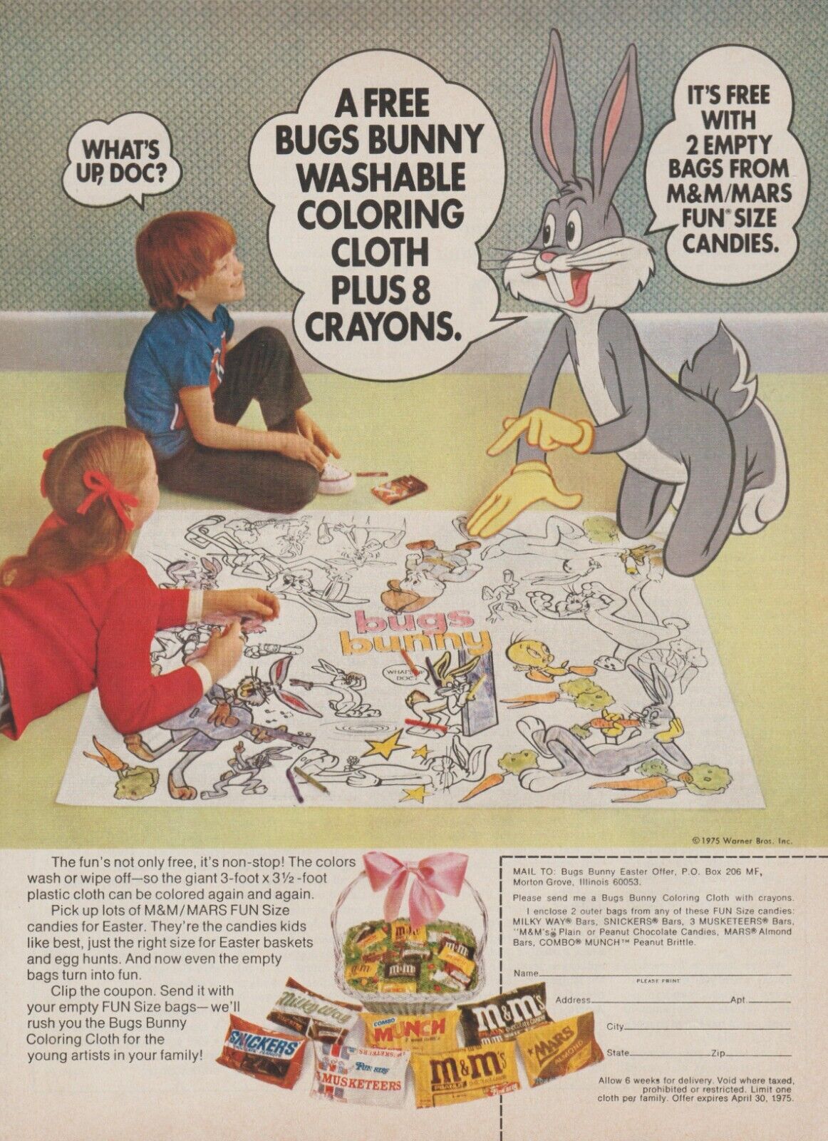 1975 Mars M&M\'s Chocolate Candy - Cartoon Bugs Bunny - Easter - Print Ad Photo