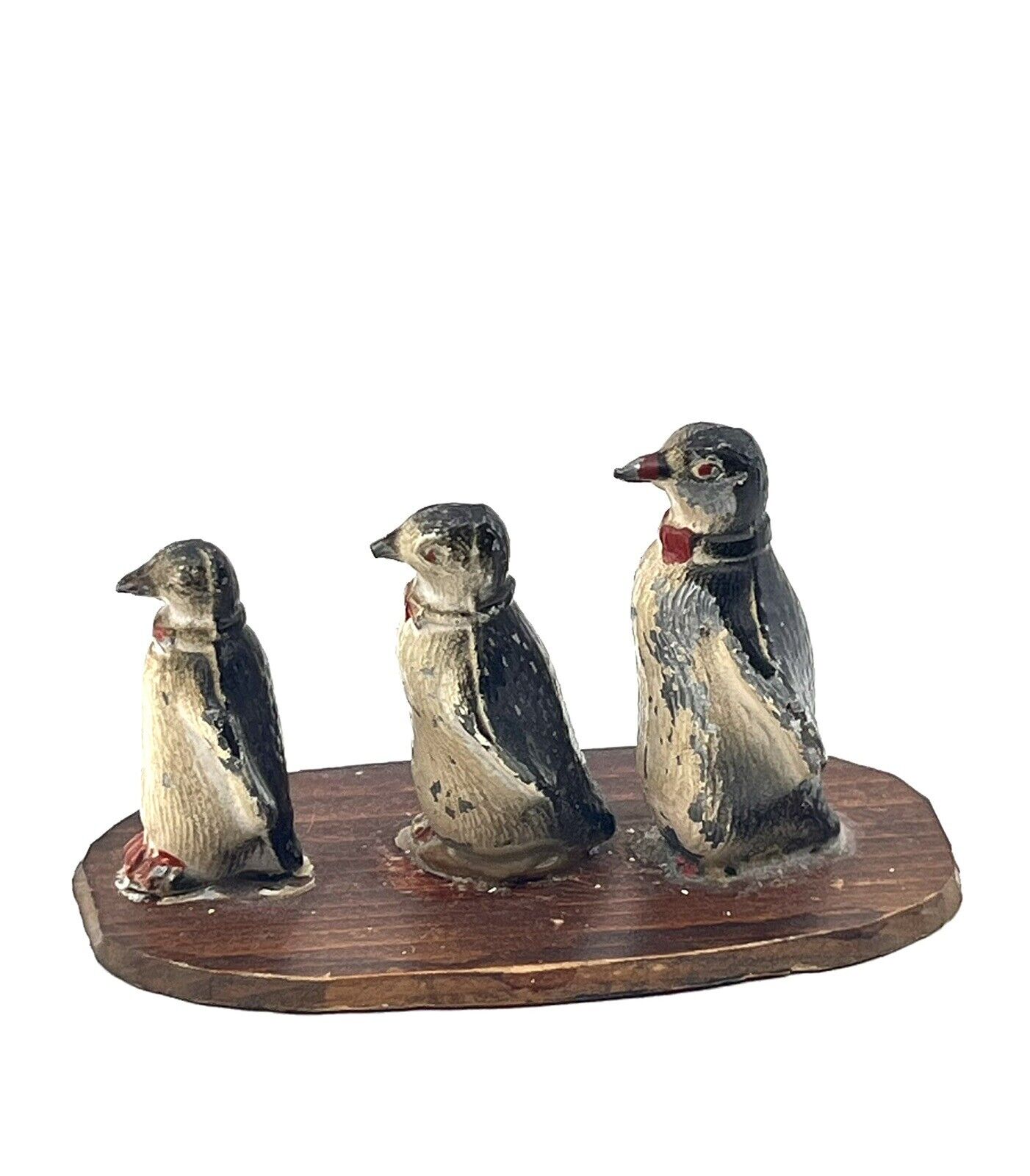 Antique Set of PENGUINS on Wood Piece-1920\'s-30\'s- Pewter?-Has Wear-SEE PHOTOS