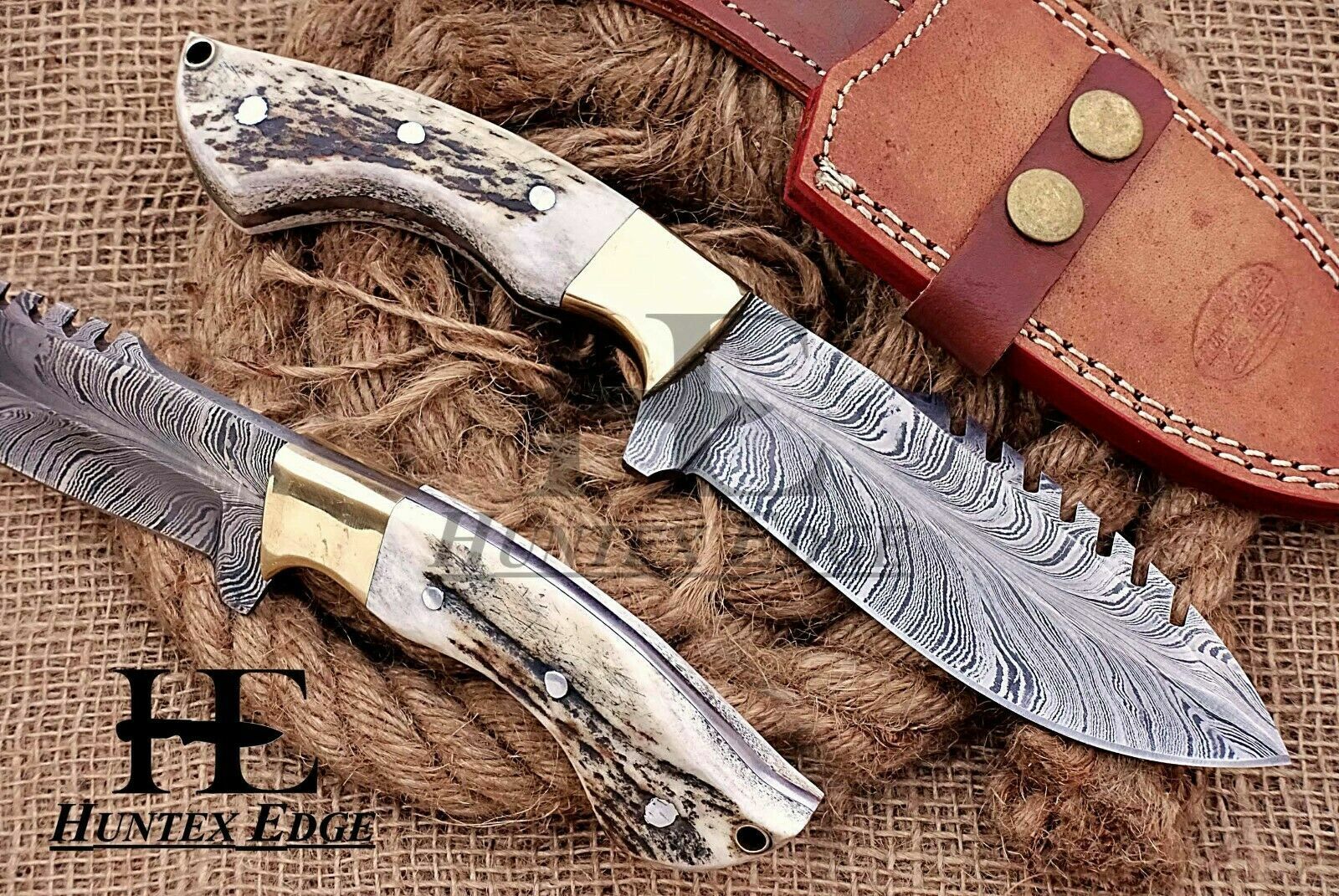 HUNTEX Custom Handmade New Feather Pattern Damascus 255mm Long Deer Antler Knife