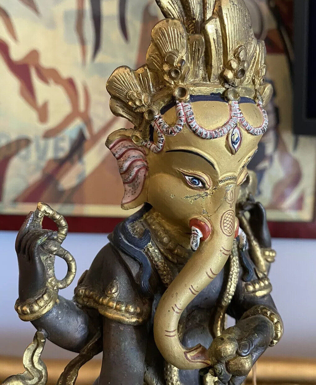 Bronze Four Arm Ganesha Statue With Rat Gold Gilded Heavy Two Pieces