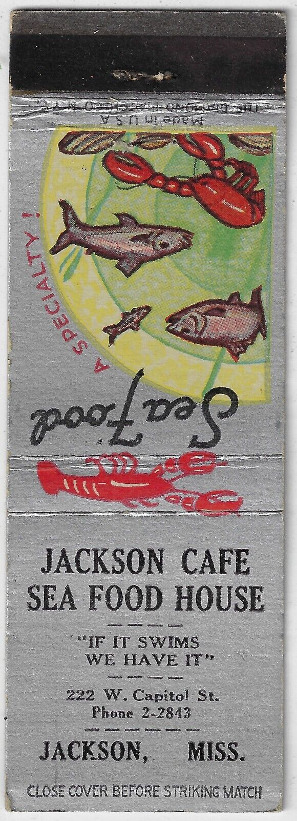 FS Empty Matchbook Cover Jackson Cafe Sea Food House Jackson Miss.