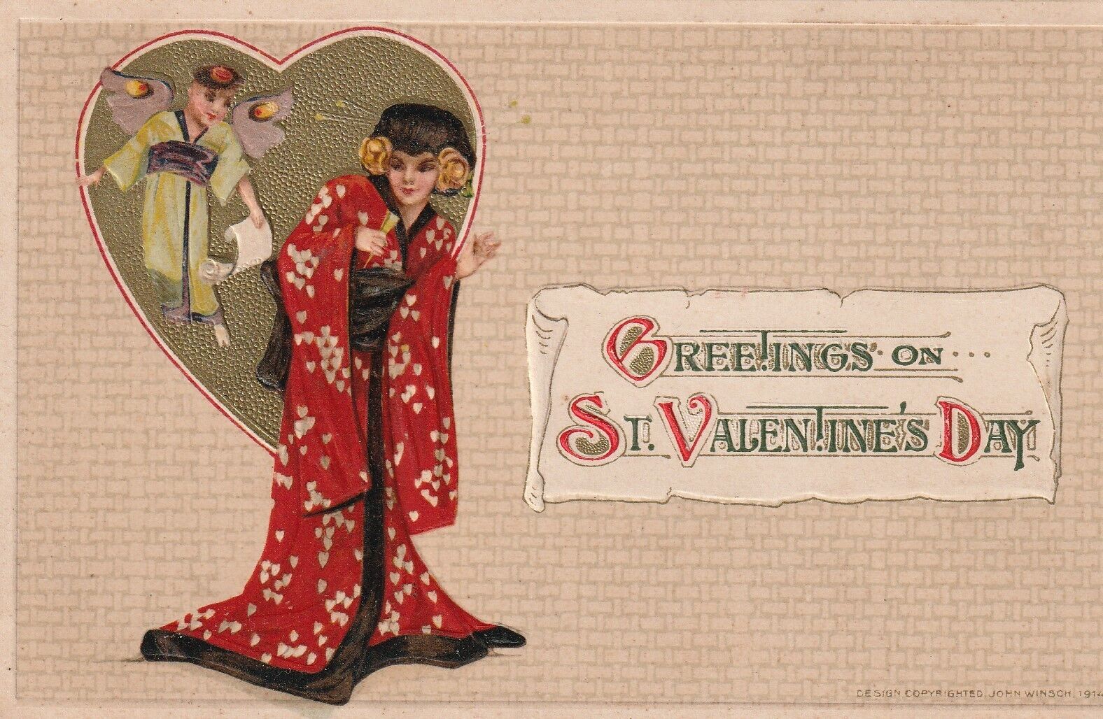 Postcard Samuel Schmucker St Valentine John Winsch Asian Lady Cupid Gold Heart